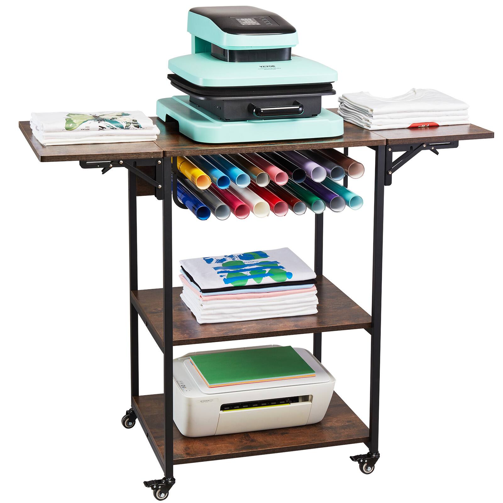Alt View 5. VEVOR - Heat Press Table,3 Tier Movable Heat Press Stand, Foldable Heat Transfer Machine Stand with Wheels and Vinyl Roll Holder - Brown.