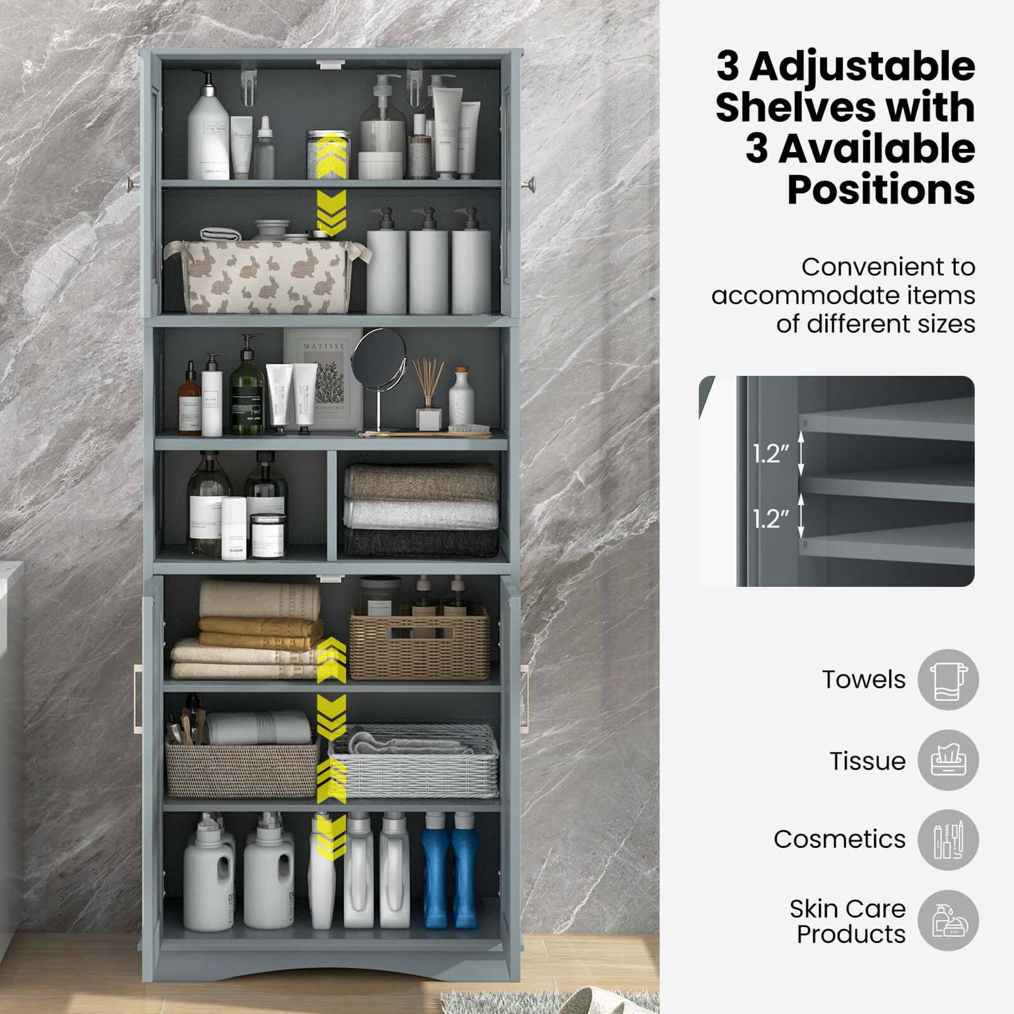 The image features a three-shelf organizer with adjustable positions, designed to accommodate items of various sizes. The shelves are filled with various toiletries, including towels, tissue, cosmetics, and skin care products. The shelves are arranged in a way that allows for easy access to the items and efficient use of space. The organizer is a convenient solution for keeping personal care items organized and within reach.