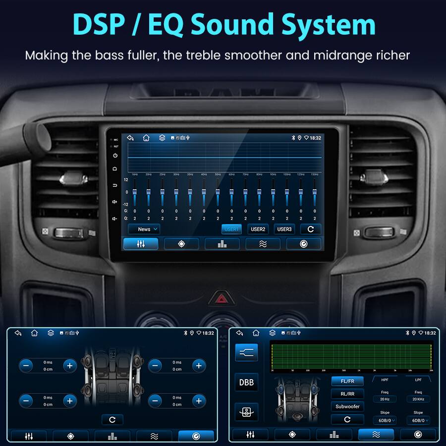 DSP / EQ Sound System  
Making the bass fuller, the treble smoother and midrange richer  

18:32  

U 12 E - H0 i s. I - - I - - I - ido 179 T. - de -12  0 a 3 : 2 C i D 2 O 2 a 2 D 2  1 D 2 0 1 e 2 e 2 O 2 D 2  

News  
USER1 USER2 USER3  

18:32  

- - mS + e + - a m a em + -  m + c + C -  mV A on +  

DBB  
FL/FR RL/RR  
Subwoofer  
HPF  
Freq 201  
Slope 6OBI0  
LPF  
Freq 30  
Slope 6OBI0