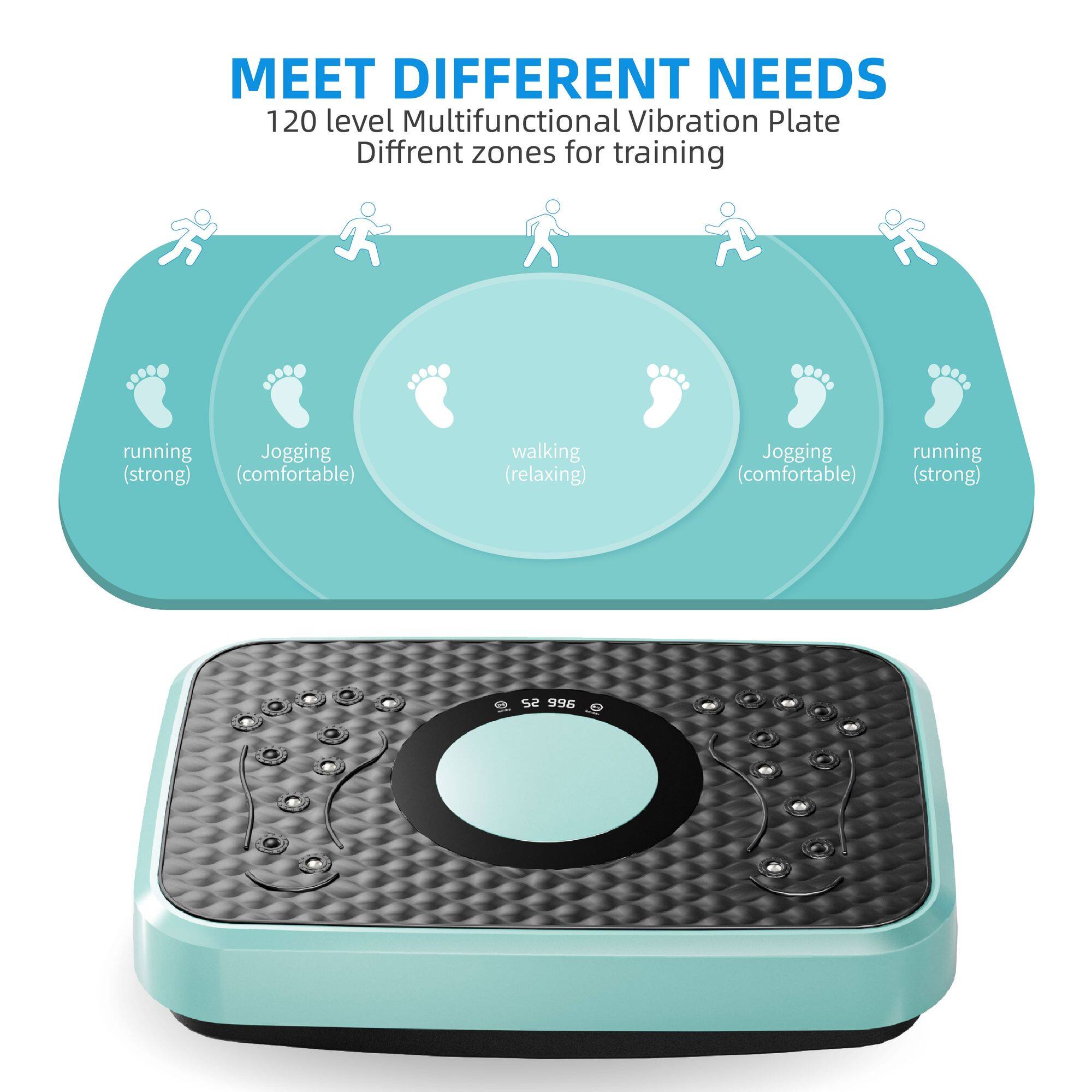 MEET DIFFERENT NEEDS  
120 level Multifunctional Vibration Plate  
Different zones for training  
running (strong)  
Jogging (comfortable)  
walking (relaxing)  
Jogging (comfortable)  
running (strong)  

S2 956
