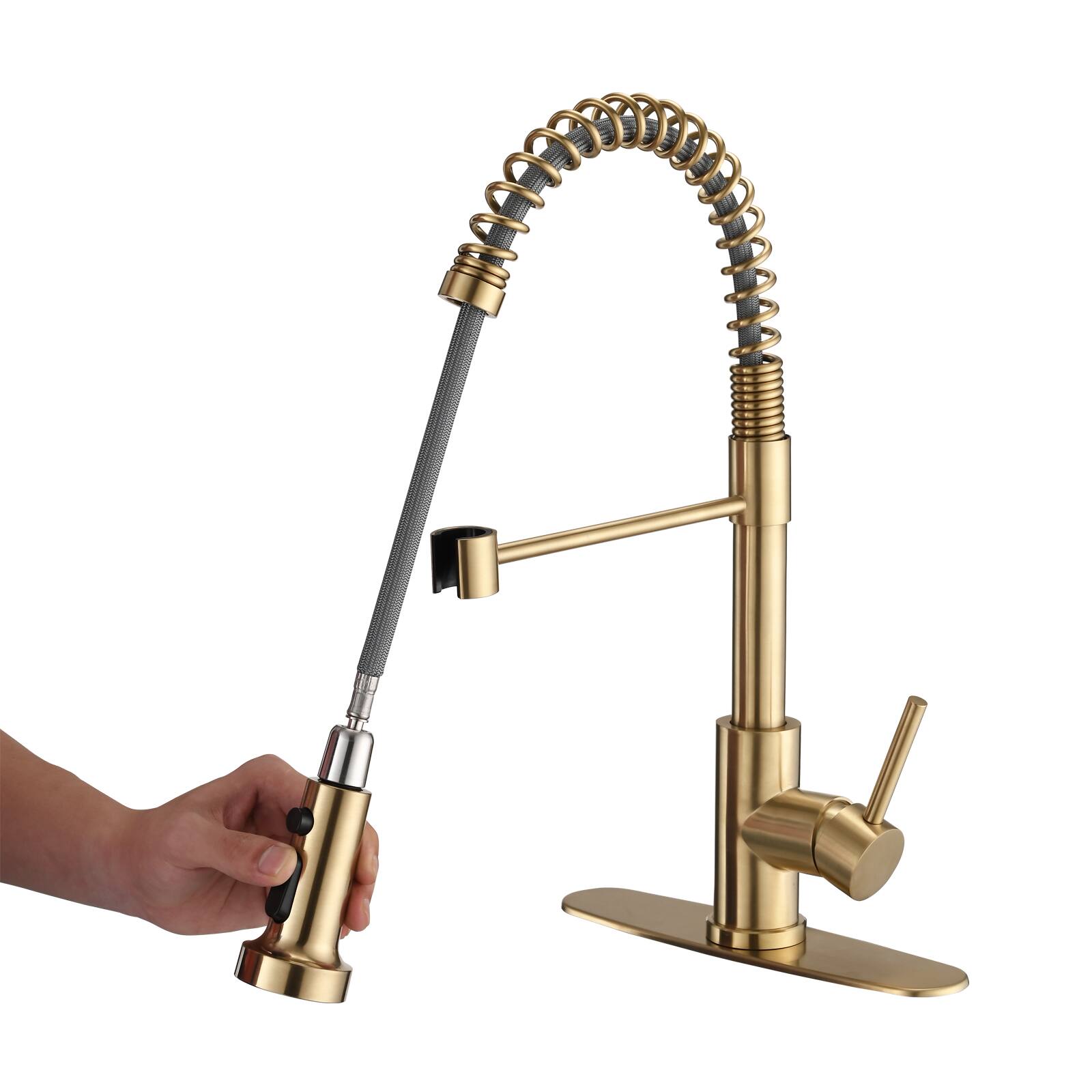 Angle. Siljoy - Pull Down Sprayer Spring Kitchen Sink Faucet Brushed Gold - Brushed Gold.