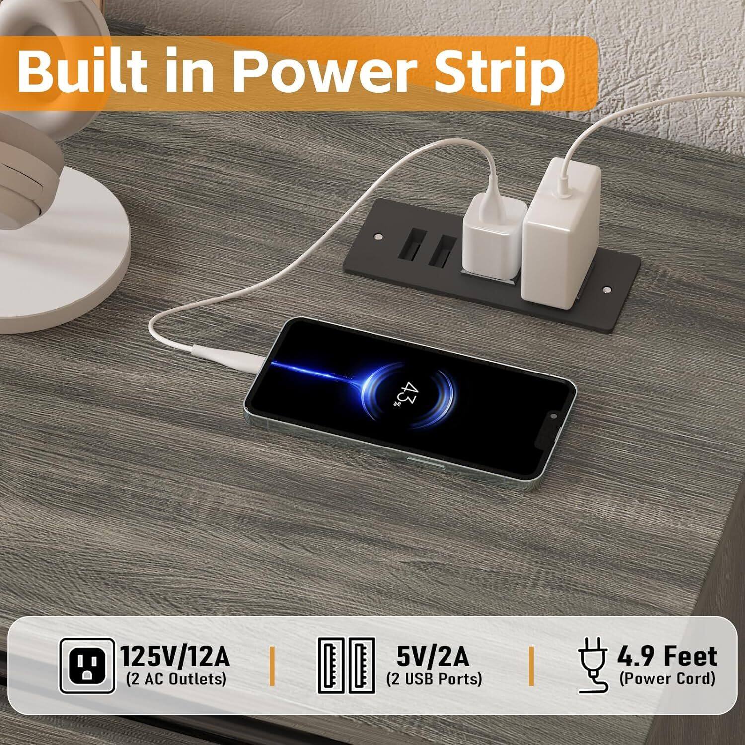 Built in Power Strip

125V/12A (2 AC Outlets)  
5V/2A (2 USB Ports)  
4.9 Feet (Power Cord)