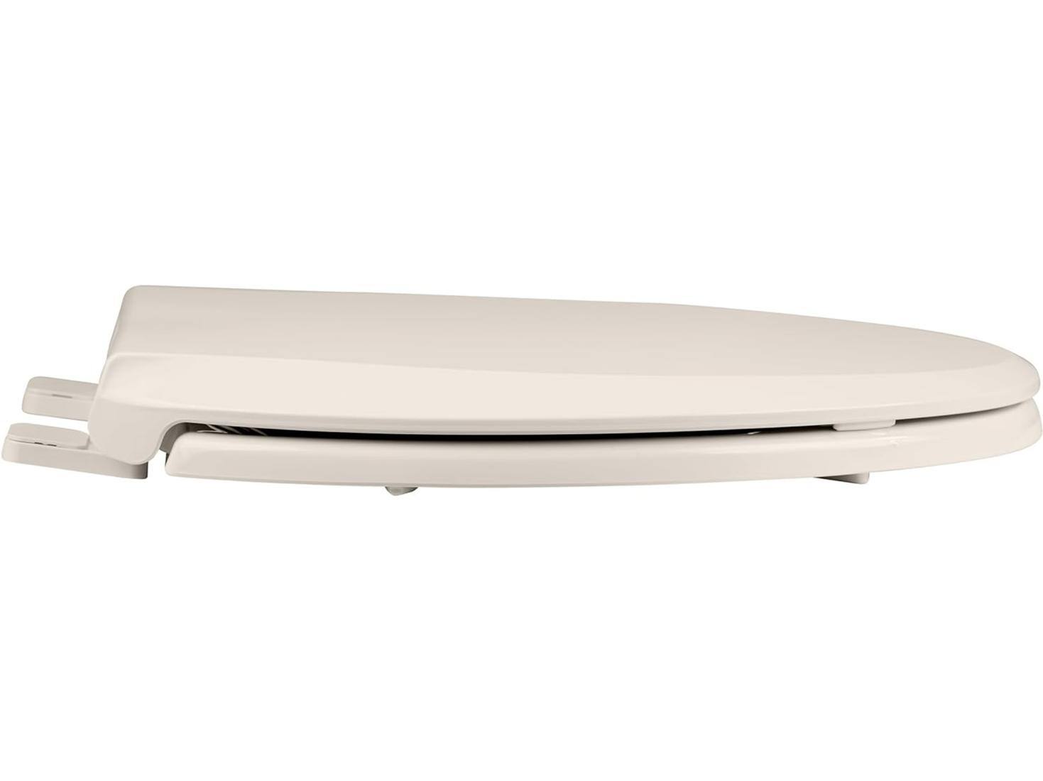 Angle. Jojoka - Almond 19 Inch Elongated Toilet Seat PP Combo Soft Close Quick Install - Gold.