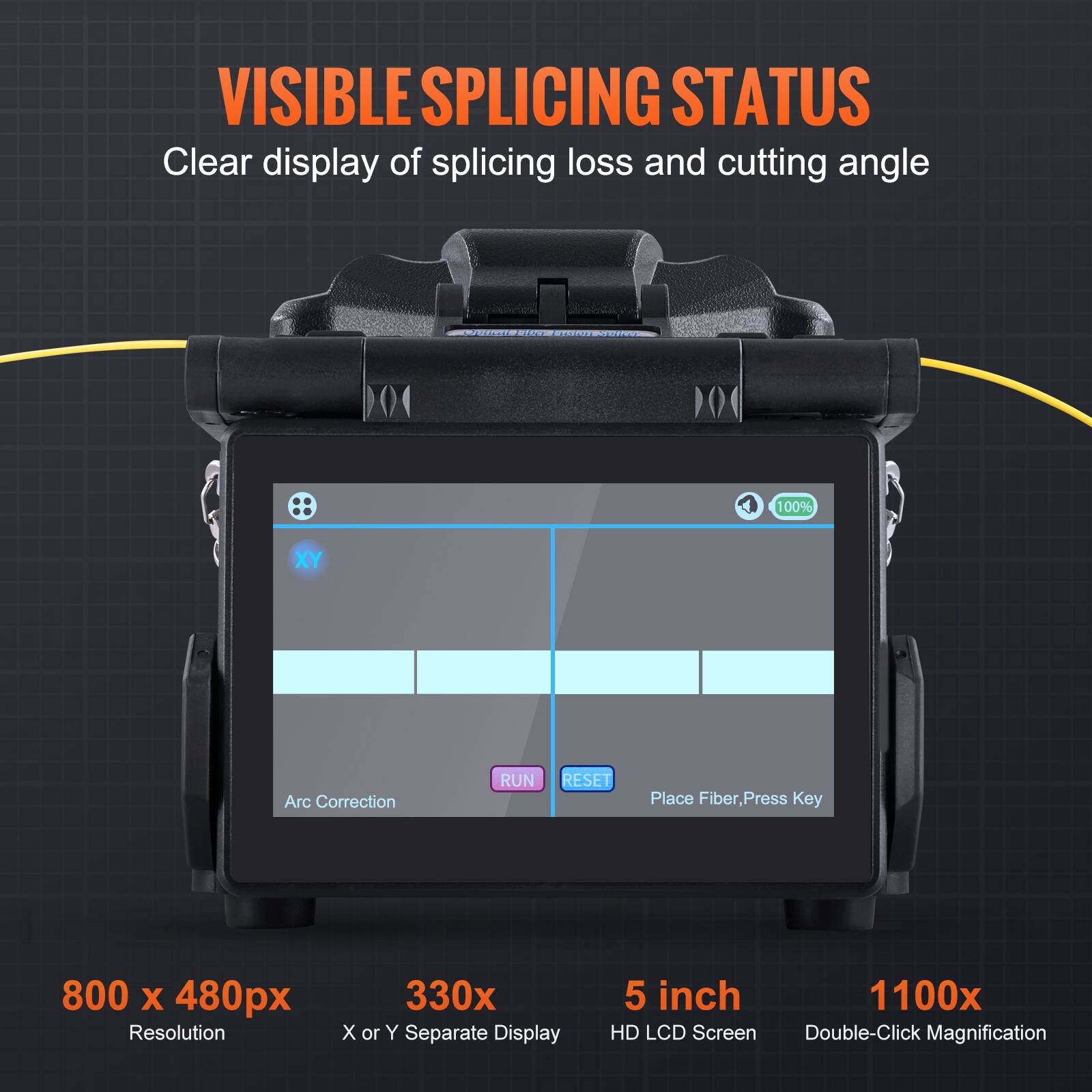 VISIBLE SPLICING STATUS  
Clear display of splicing loss and cutting angle  

800 x 480px Resolution  
330x X or Y Separate Display  
5 inch HD LCD Screen  
1100x Double-Click Magnification  

XY Arc Correction  
RUN RESET  
Place Fiber, Press Key