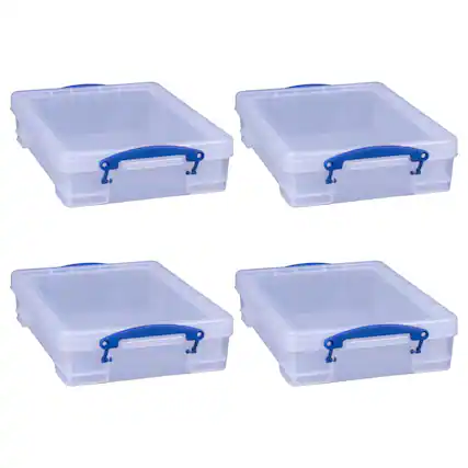 Front. Really Useful Box - Really Useful Box 4L Storage Container with Lid and Clip Lock Handles, (4 Pack) - Transparent.
