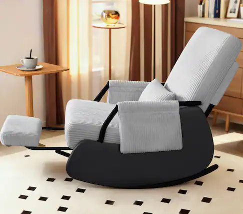 Front. Brick Attic - Rocking Chair Nursery, Low-Seat Glider Chair, Upholstered Rocking Chair Recliner with Side Pocket and Foot Rest - Light Grey.