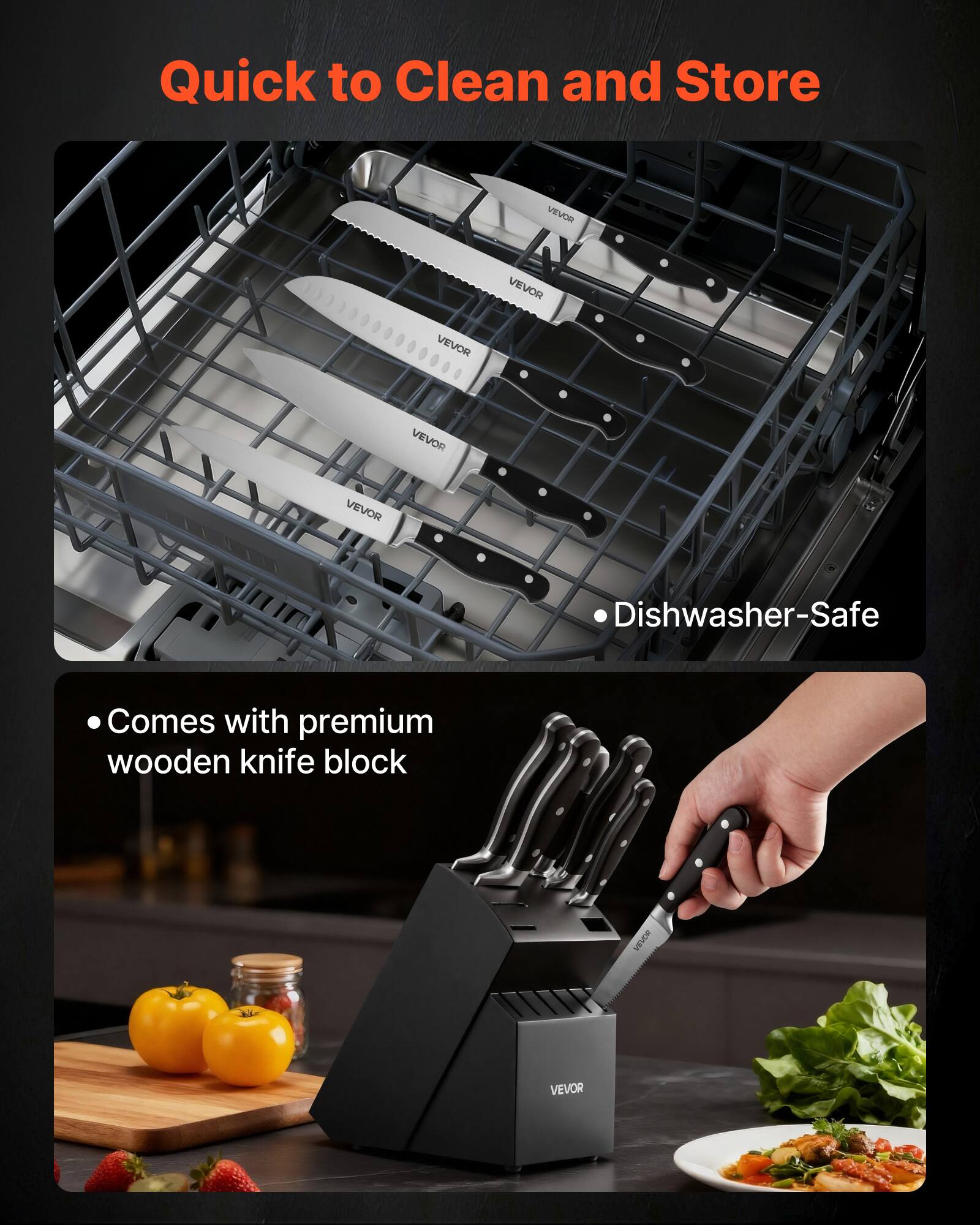 Quick to Clean and Store

- Dishwasher-Safe
- Comes with premium wooden knife block
