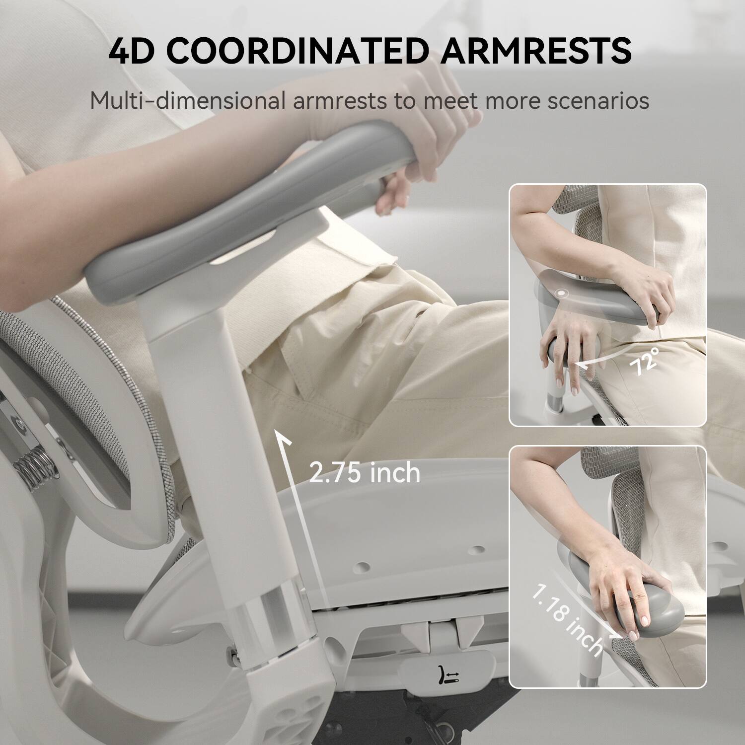 4D COORDINATED ARMRESTS  
Multi-dimensional armrests to meet more scenarios  

2.75 inch  
1.18 inch  
12°
