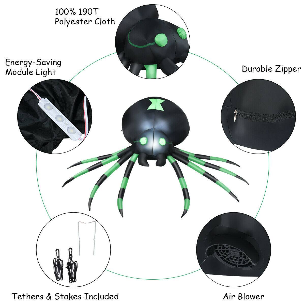 The text on the image is grouped and corrected as follows:

1. 100% 190T Polyester Cloth Energy-Saving Module Light Durable Zipper Tethers & Stakes Included Air Blower