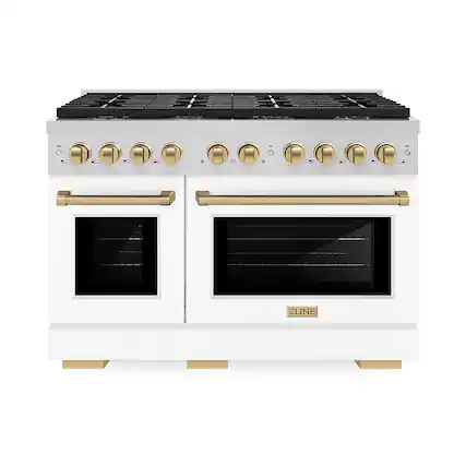 Front. ZLINE - 48 in. Wide 8 Burner Autograph Paramount Gas Range with DuoPro Burners w/ Bronze Accents (PSGRZ-WM-48-CB) - Stainless Steel with White Matte Door.