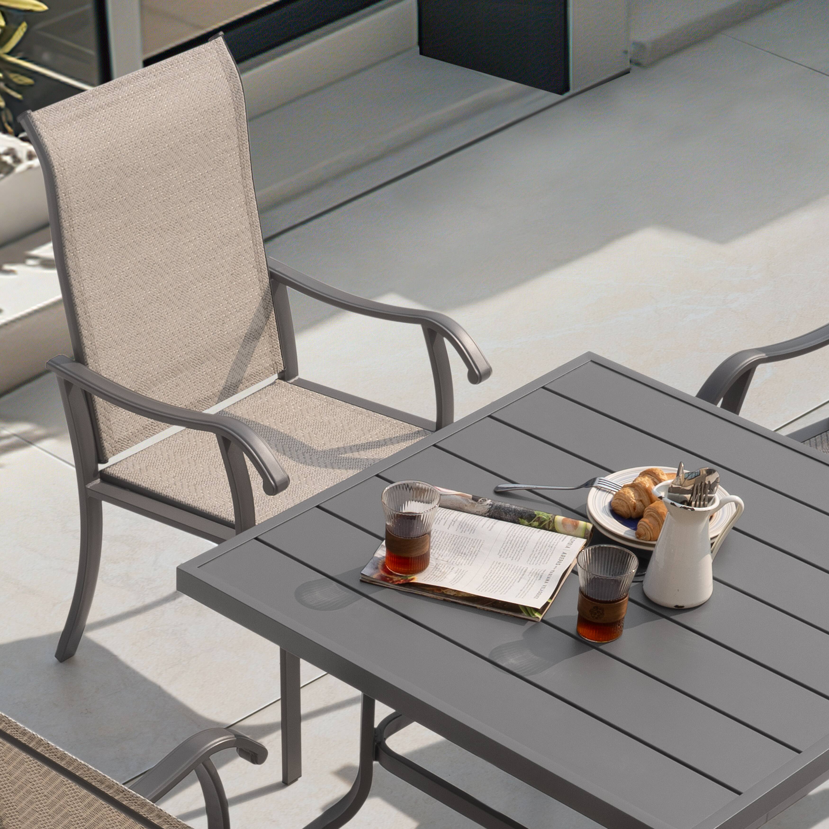 Alt View 8. Nuu Garden - Patio Metal Textilene Dining Set of 5 with Umbrella Hole and High Backrest - Beige and Gray.