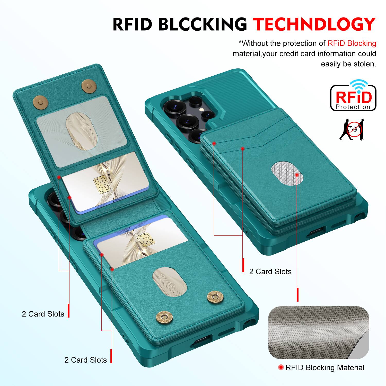 RFID BLOCKING TECHNOLOGY

*Without the protection of RFID Blocking material, your credit card information could easily be stolen.

RFID Protection

2 Card Slots

2 Card Slots

2 Card Slots

RFID Blocking Material