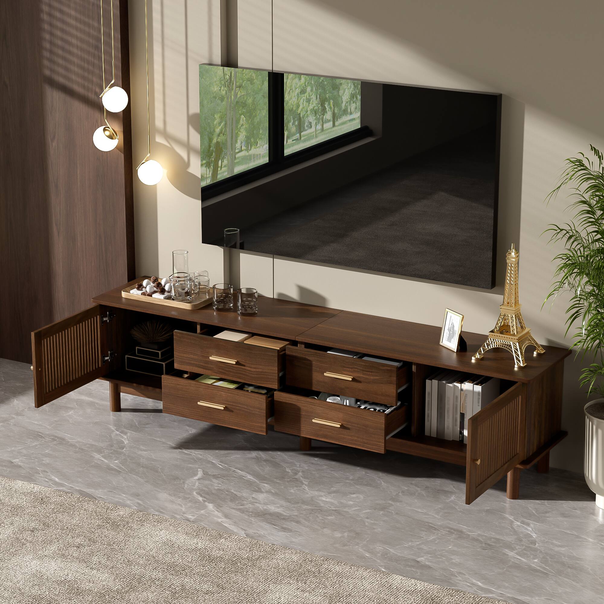 Angle. MERAVOM - Modern TV Stand for TVs Up to 85", 78" Entertainment Center with Slatted Doors, 4 Drawers, Media Console for Living Room - Walnut.