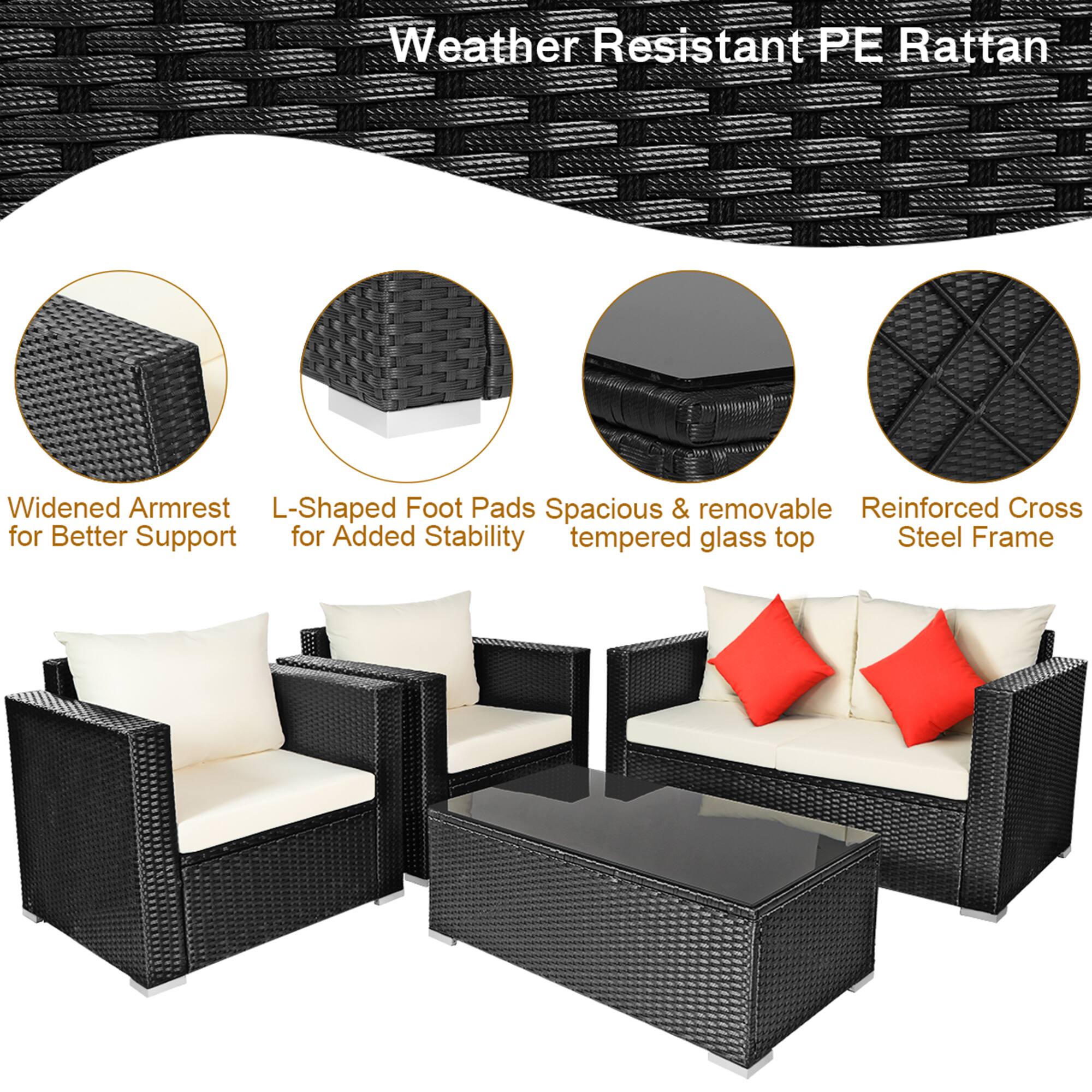 Weather Resistant PE Rattan

- Widened Armrest for Better Support
- L-Shaped Foot Pads for Added Stability
- Spacious & removable tempered glass top
- Reinforced Cross Steel Frame