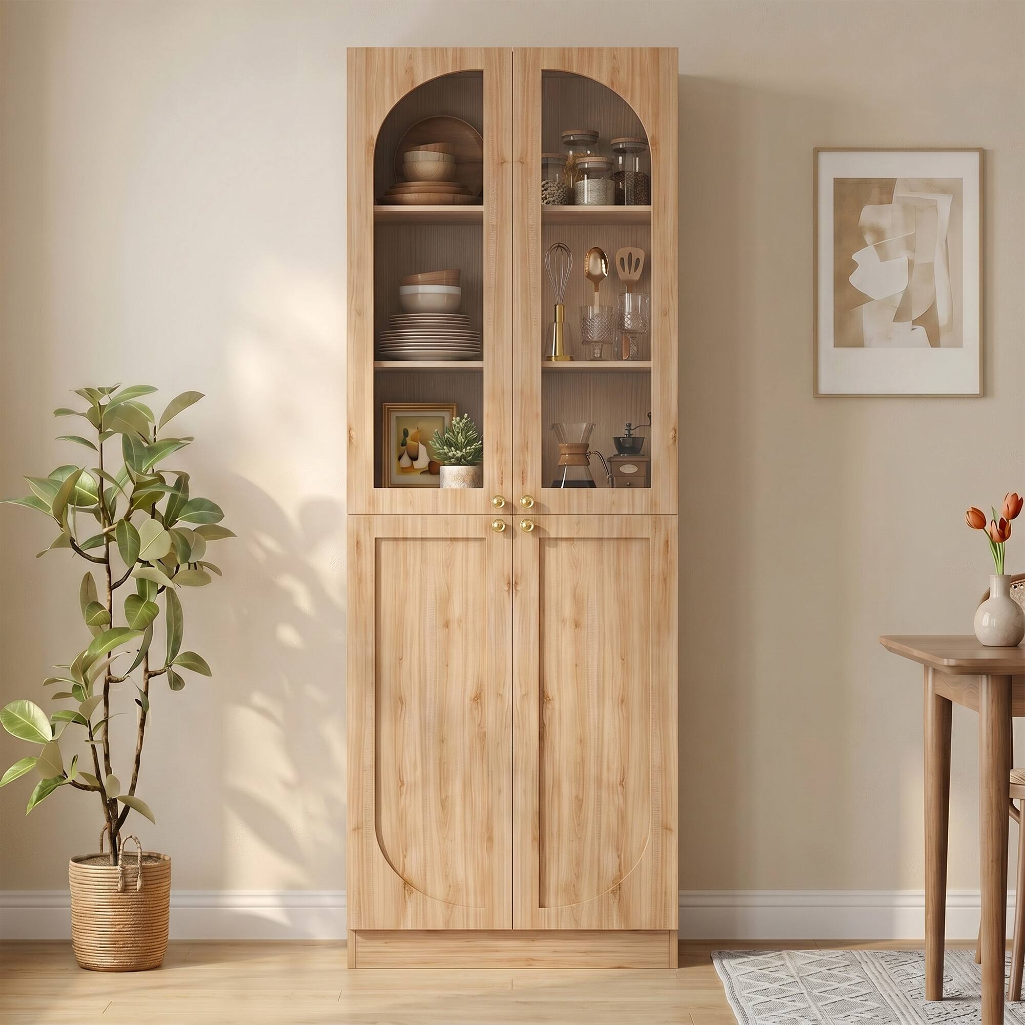 Alt View 2. Aheaplus - 80'' Tall Bathroom Storage Cabinet, 6-Tier Linen Cabinet with Glass Doors and Adjustable Shelves - Nature Oak.