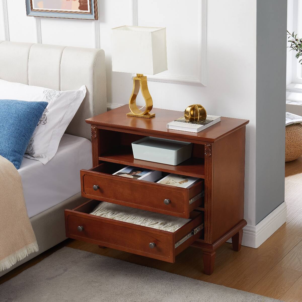 Angle. Loheer - Loheer Nightstand With Charging Station, Walnut Two Drawer Bedside Table With Open Shelf - Walnut.