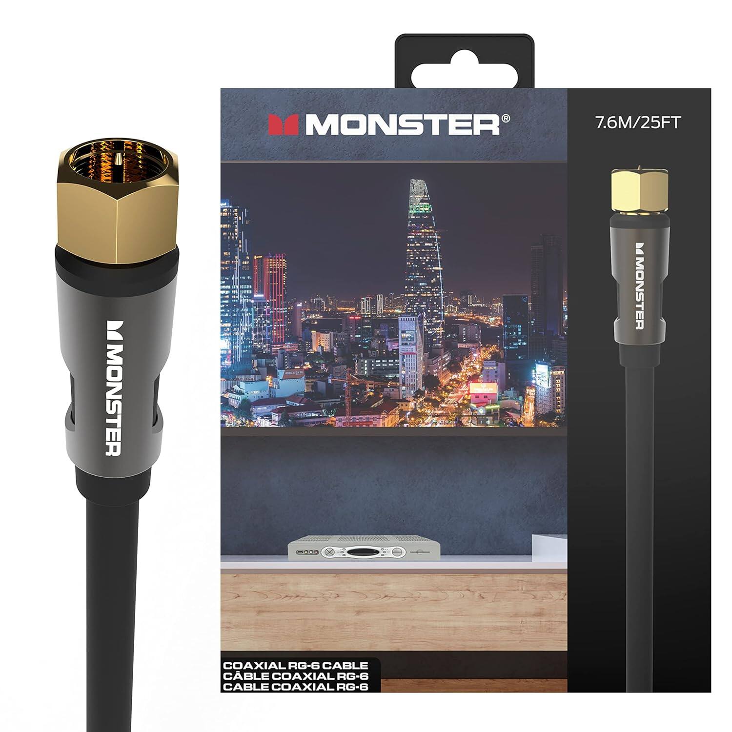 Monster - Essentials RG-6 Coax Cable 25FT – Gold-Plated F-Pin, Metal Shielding, Duraflex, High-Speed Internet Connection - Black