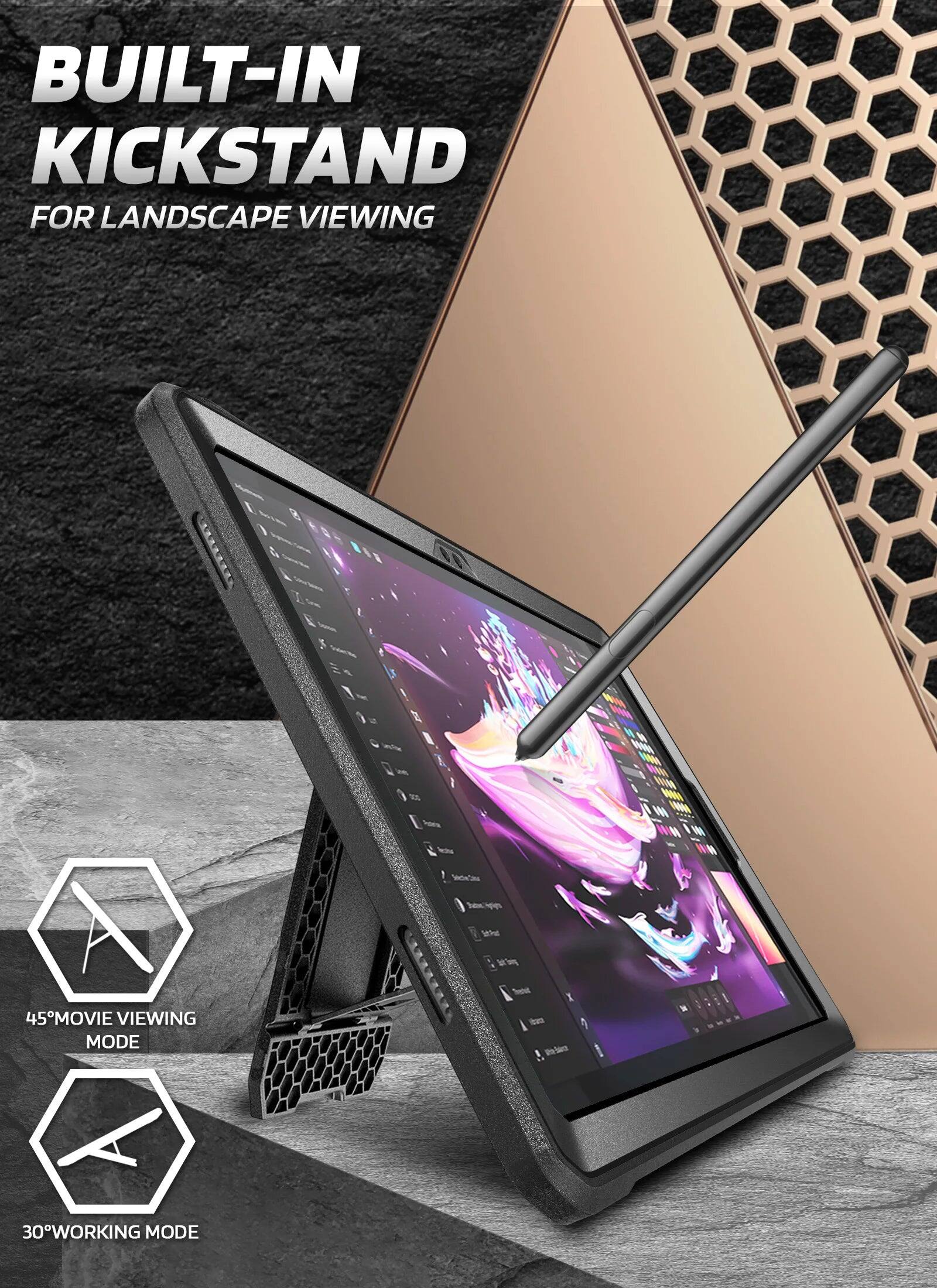 BUILT-IN KICKSTAND FOR LANDSCAPE VIEWING

45° MOVIE VIEWING MODE

30° WORKING MODE