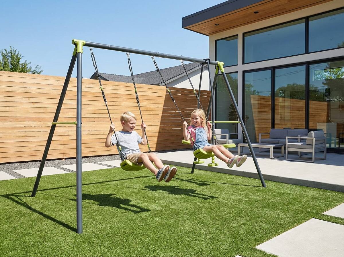 Alt View 5. Loheer - 8.4ft Triple Children Metal Swing Set Outdoor Playground 3-Seat Design for Kids Age 3+ - Green.