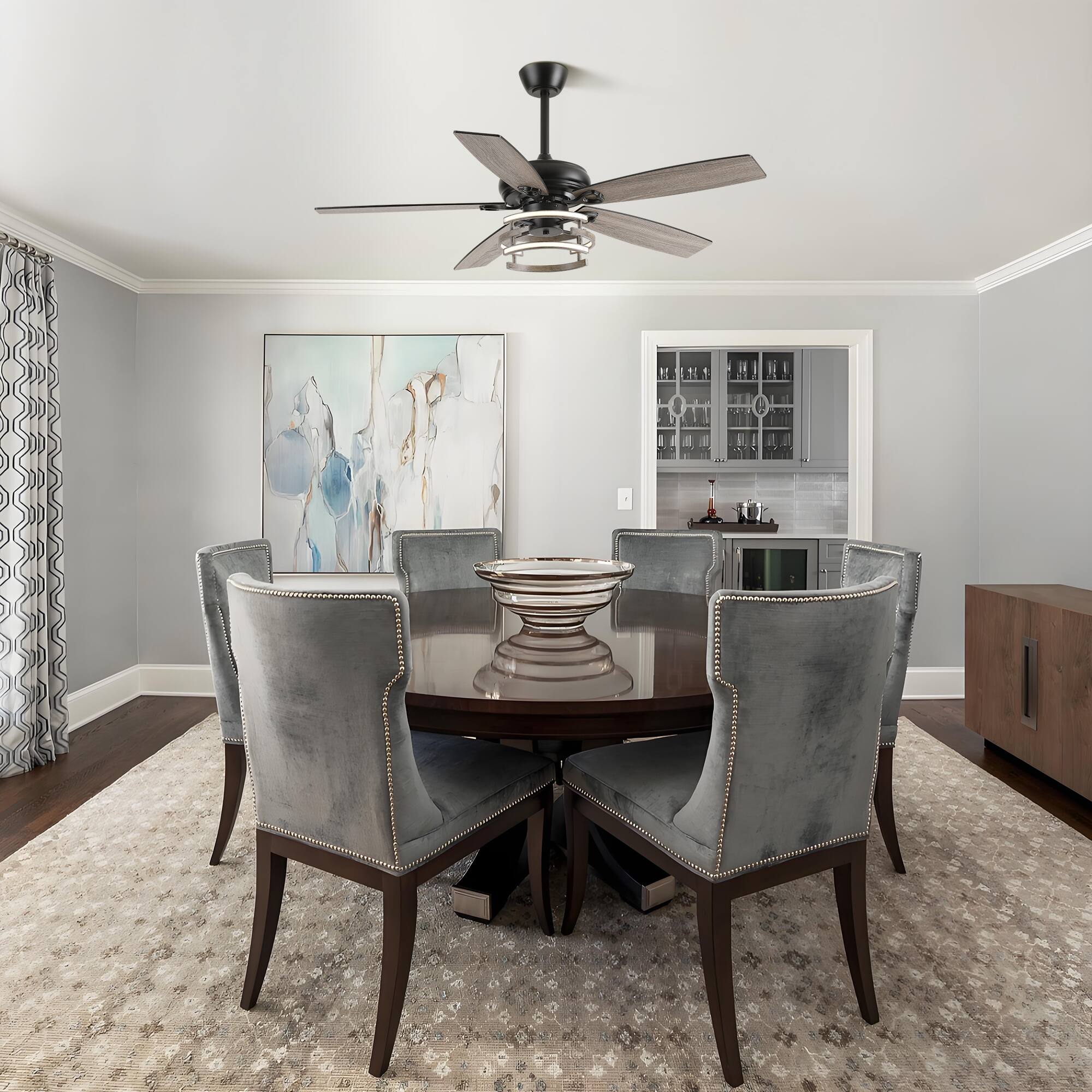 Left. Parrot Uncle - 52" Farmhouse Reversible Blades Dimmable LED Strip Ceiling Fan with Remote and Light - Matte Black.