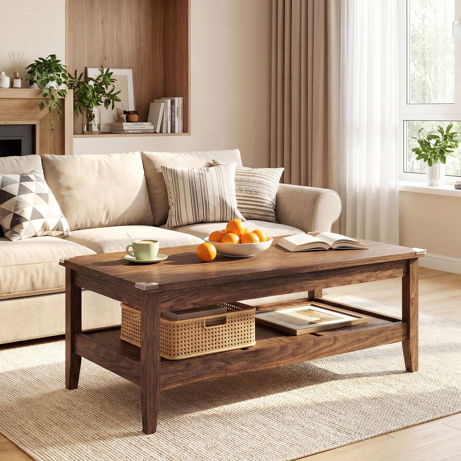 Alt View 3. Costway - Costway 2-Tier Rectangle Center Table with Slatted Storage Shelf & Thickened Tabletop - Brown.