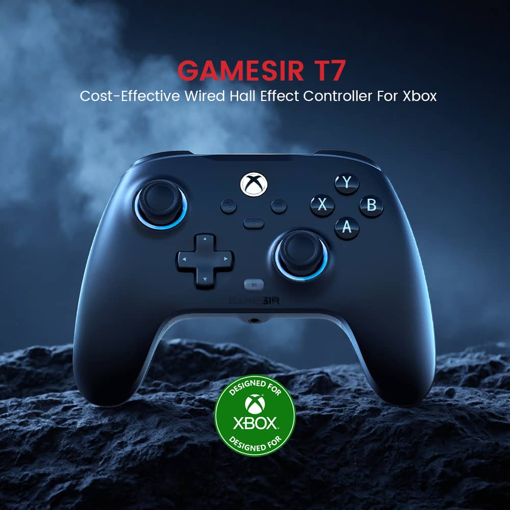 GAMESIR T7 is a cost-effective wired Hall Effect controller for Xbox One and Xbox Series X. It is designed for Xbox gaming and features a sleek black design.