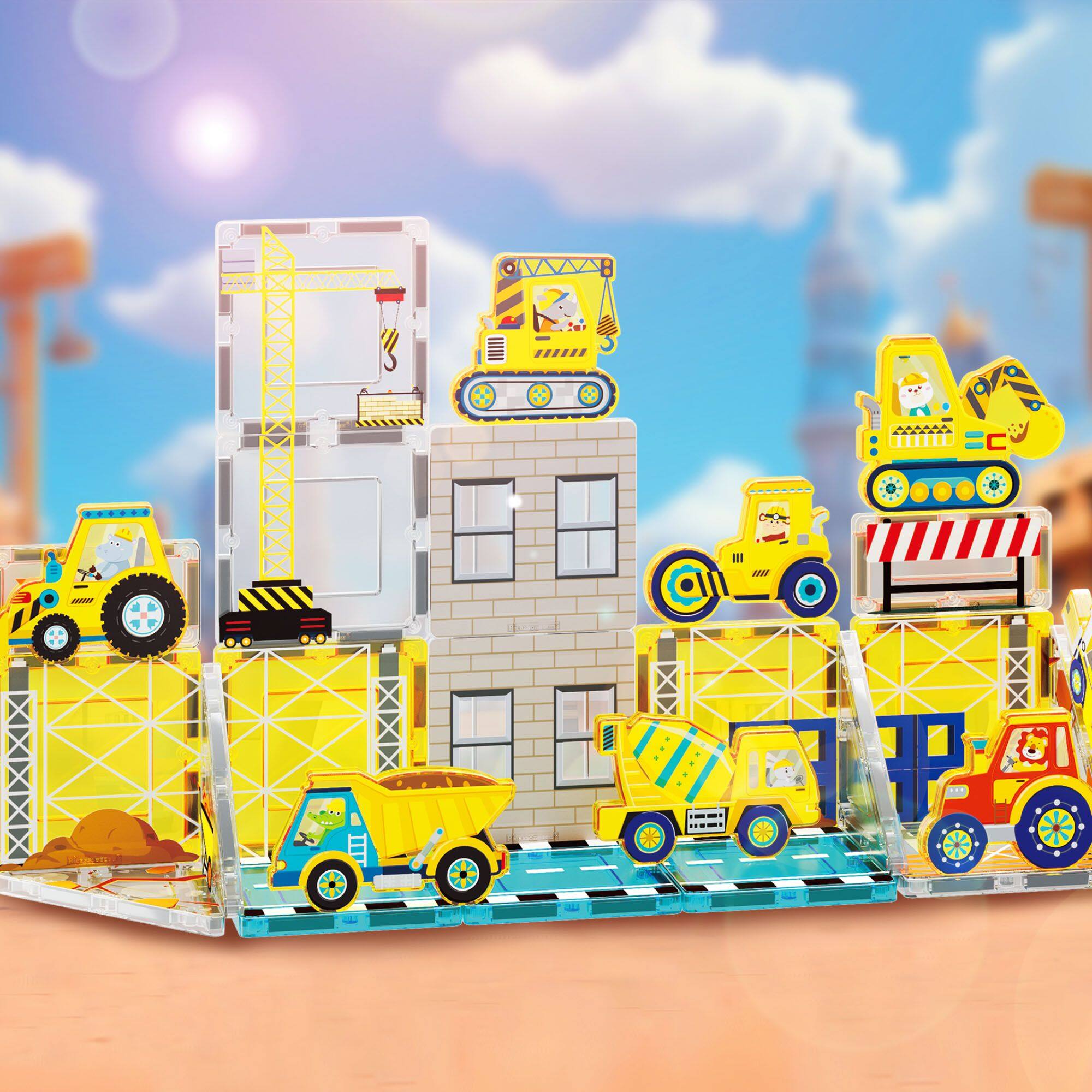 Alt View 7. PicassoTiles - PICASSO-TILES Magnetic Tiles for Kids, 26PCS Construction Theme, Magnet Tile STEM Building Blocks Educational Toy - Multicolor.