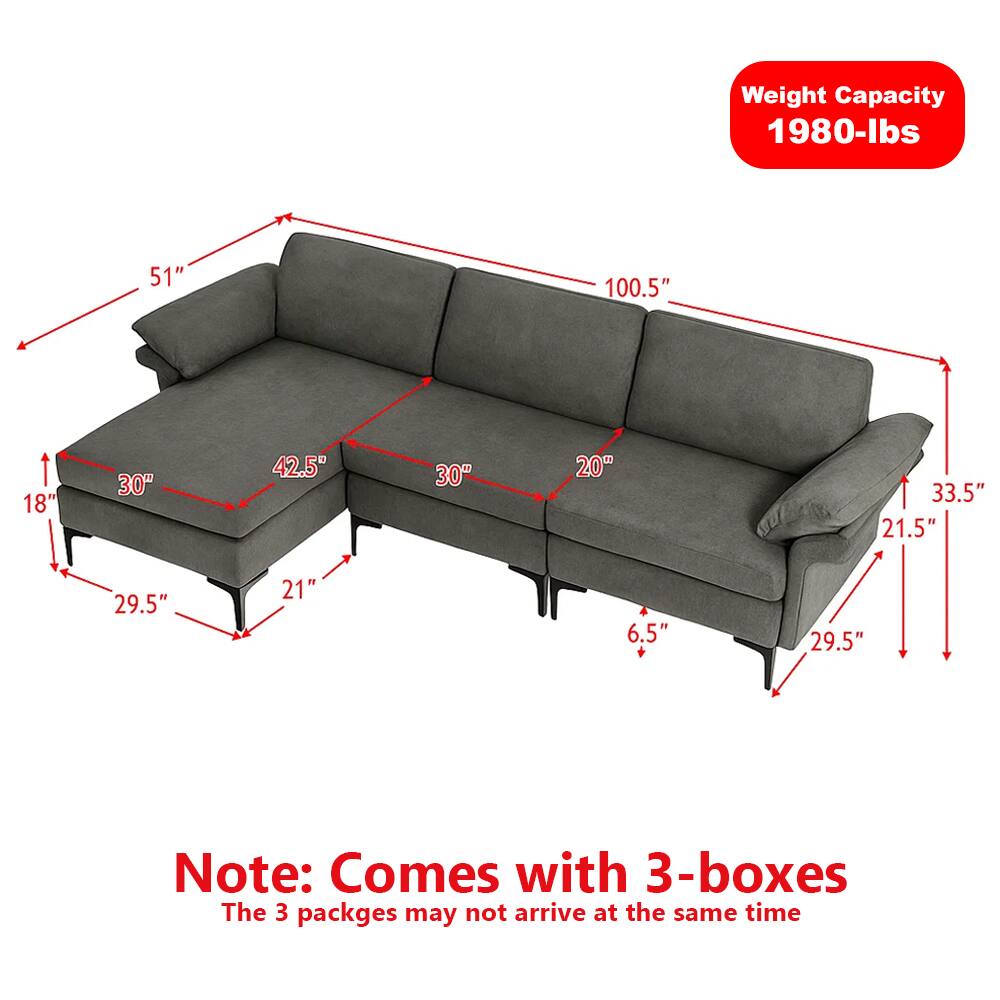 Weight Capacity: 1980-lbs

Dimensions:
- Length: 100.5"
- Height: 51"
- Depth: 30"
- Seat Height: 18"
- Armrest Height: 21"
- Armrest Width: 30"
- Back Height: 42.5"
- Seat Depth: 29.5"
- Armrest to Armrest: 33.5"
- Seat to Floor: 6.5"
- Overall Width: 21.5"

Note: Comes with 3-boxes
The 3 packages may not arrive at the same time