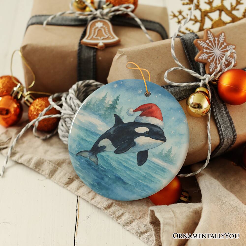 Back. OrnamentallyYou - Watercolor Orca in Santa Hat Christmas Ornament, Marine Animal Holiday Keepsake and Gift - Multi-colored.
