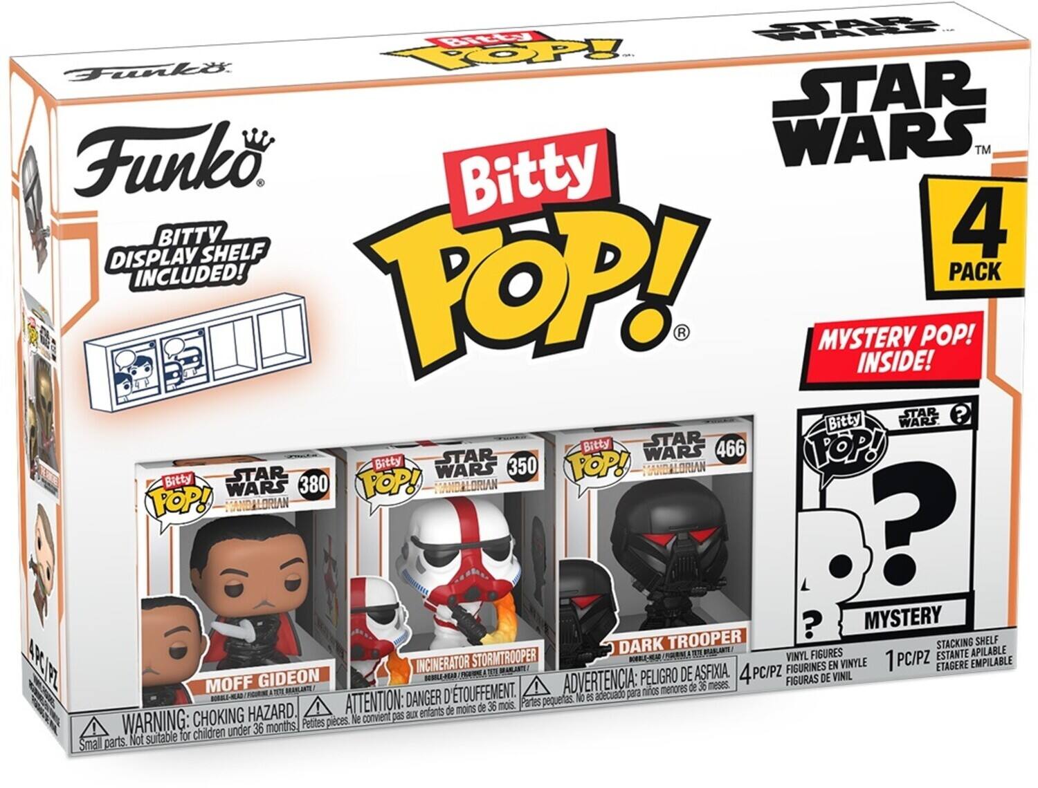 Sure, here is the corrected and grouped text from the image:

---

**Funko**

**Bitty Pop!**

**Star Wars**

**4 Pack**

**Bitty Display Shelf Included!**

**Mystery Pop! Inside!**

**Bitty Pop!**

**Star Wars**

**380 Mandalorian**

**Moff Gideon**

**Bitty Pop!**

**Star Wars**

**350 Mandalorian**

**Incinerator Stormtrooper**

**Bitty Pop!**

**Star Wars**

**466 Mandalorian**

**Dark Trooper**

**Bitty Pop!**

**Star Wars**

**?**

**Mystery**

**Stacking Shelf**

**Vinyl Figures**

**1 PC/PZ**

**Estante Apilable**

**Figurines en Vinyle**

**Etagerie Empilable**

**Figuras de Vinil**

**Figuras de Vinil**

**Warning: Choking Hazard**

**Attention: Danger d'étouffement**

**Advertencia: Peligro de asfixia**

**Small parts. Not suitable for children under 36 months.**

**Peques pieces. No es adecuado para niños menores de 36 meses.**

