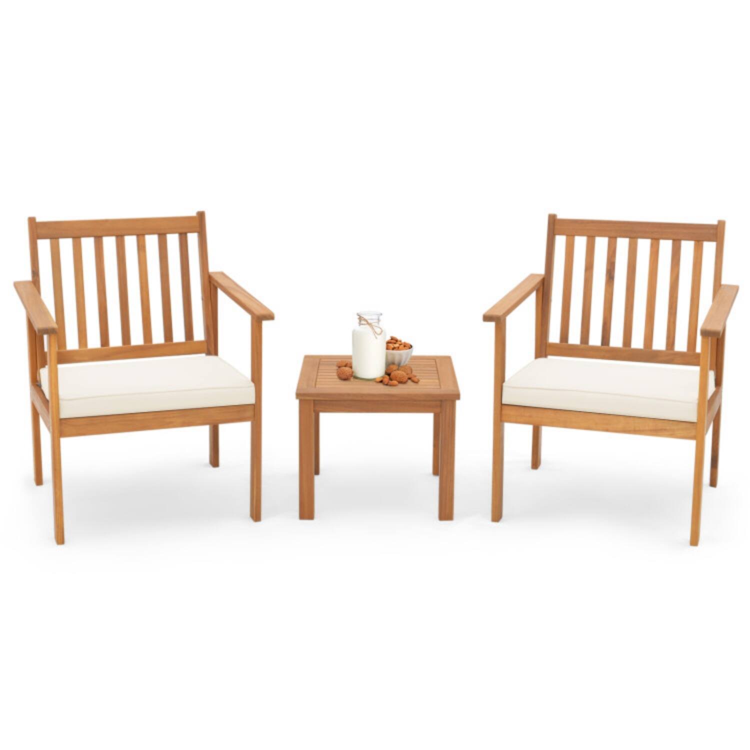 Alt View 3. Mondawe - 24 x 24 x 31 IN Freestanding Acacia Wood Patio Bistro Set with 2 Chairs and Table 3-Piece - Natural+Off White.