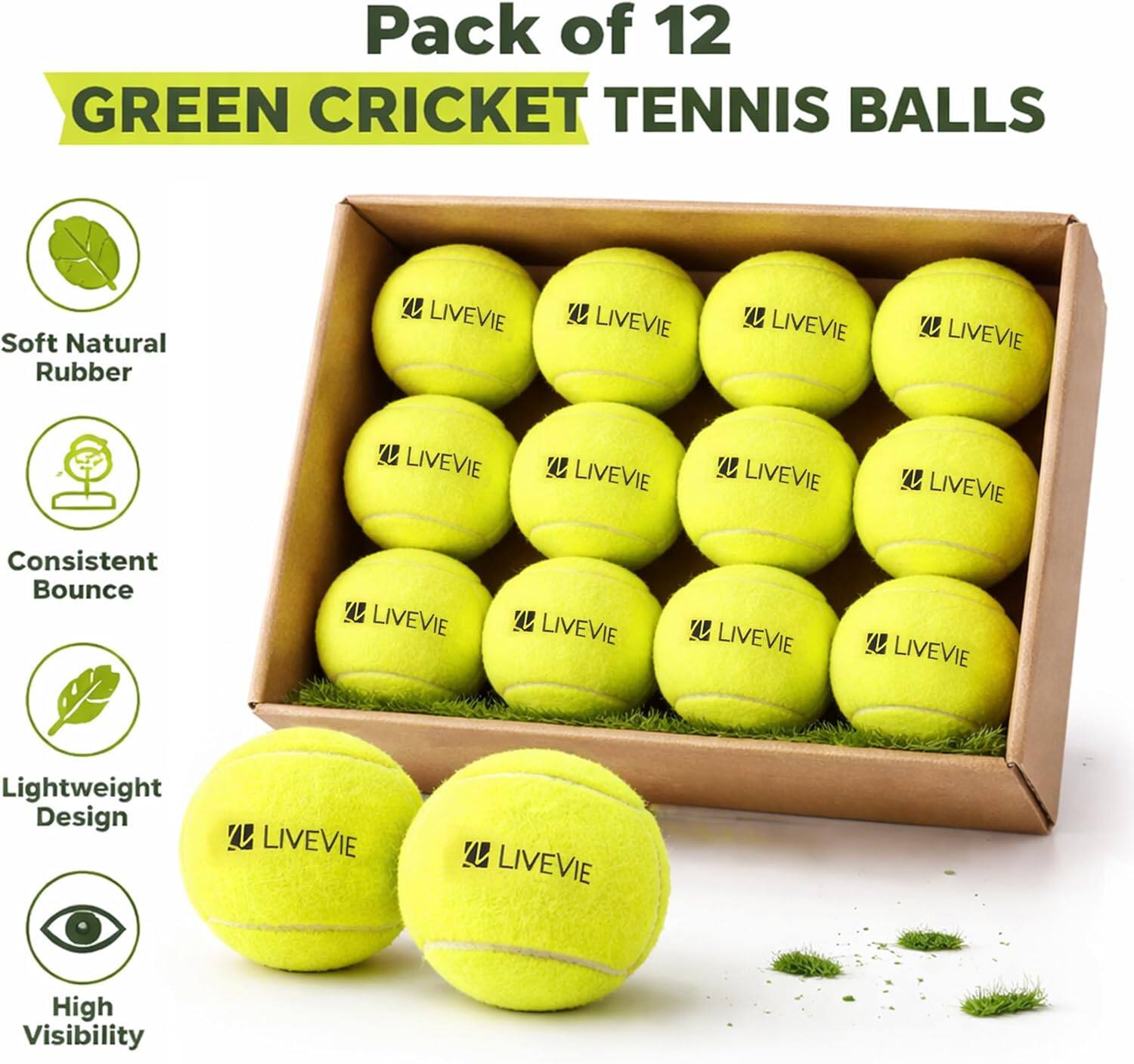 Pack of 12 GREEN CRICKET TENNIS BALLS Soft Natural Rubber Consistent Bounce Lightweight Design High Visibility
