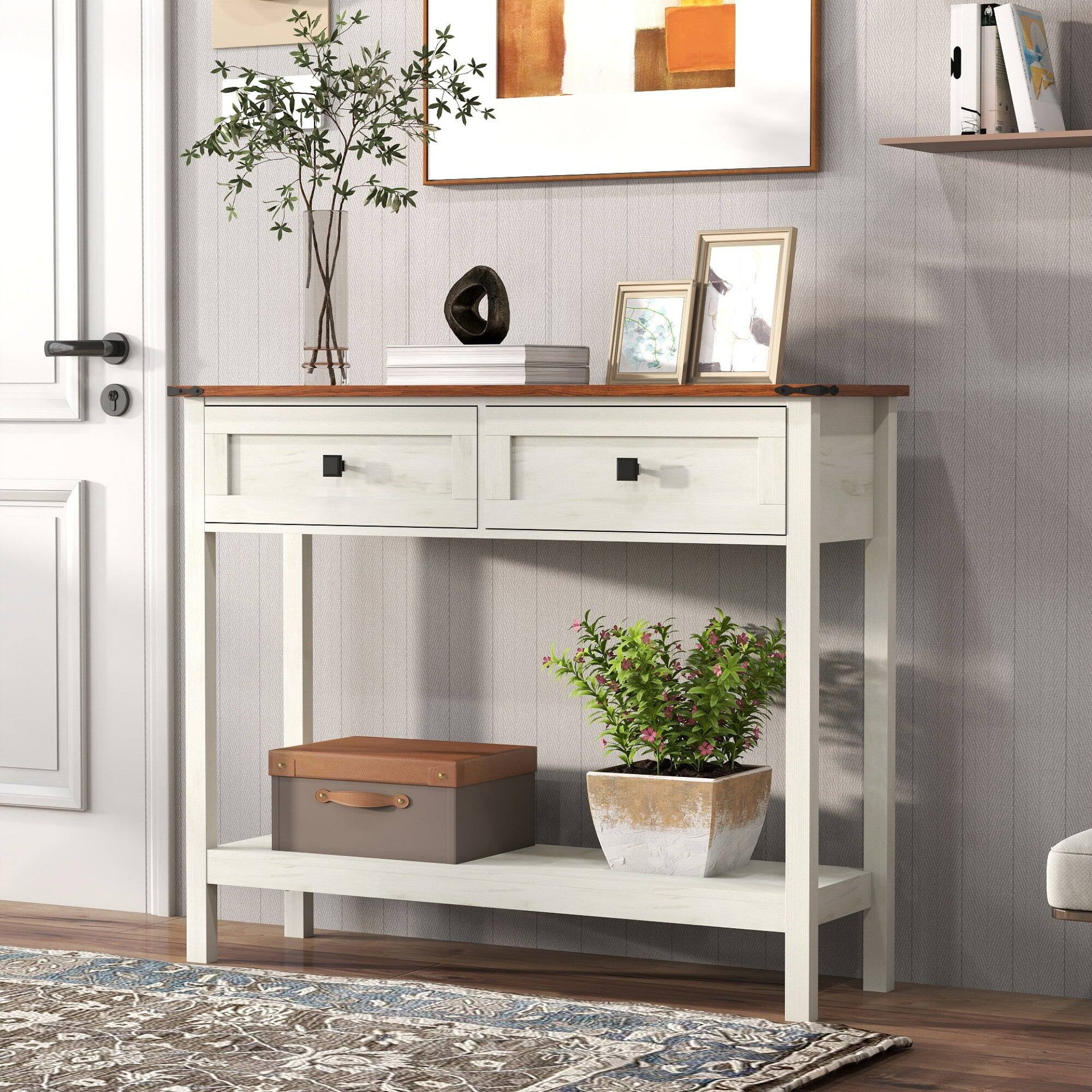 Alt View 2. Boyel Living - 39.37 in Farmhouse Console Table with 2 Drawers and Bottom Shelf Antique White - Antique White.