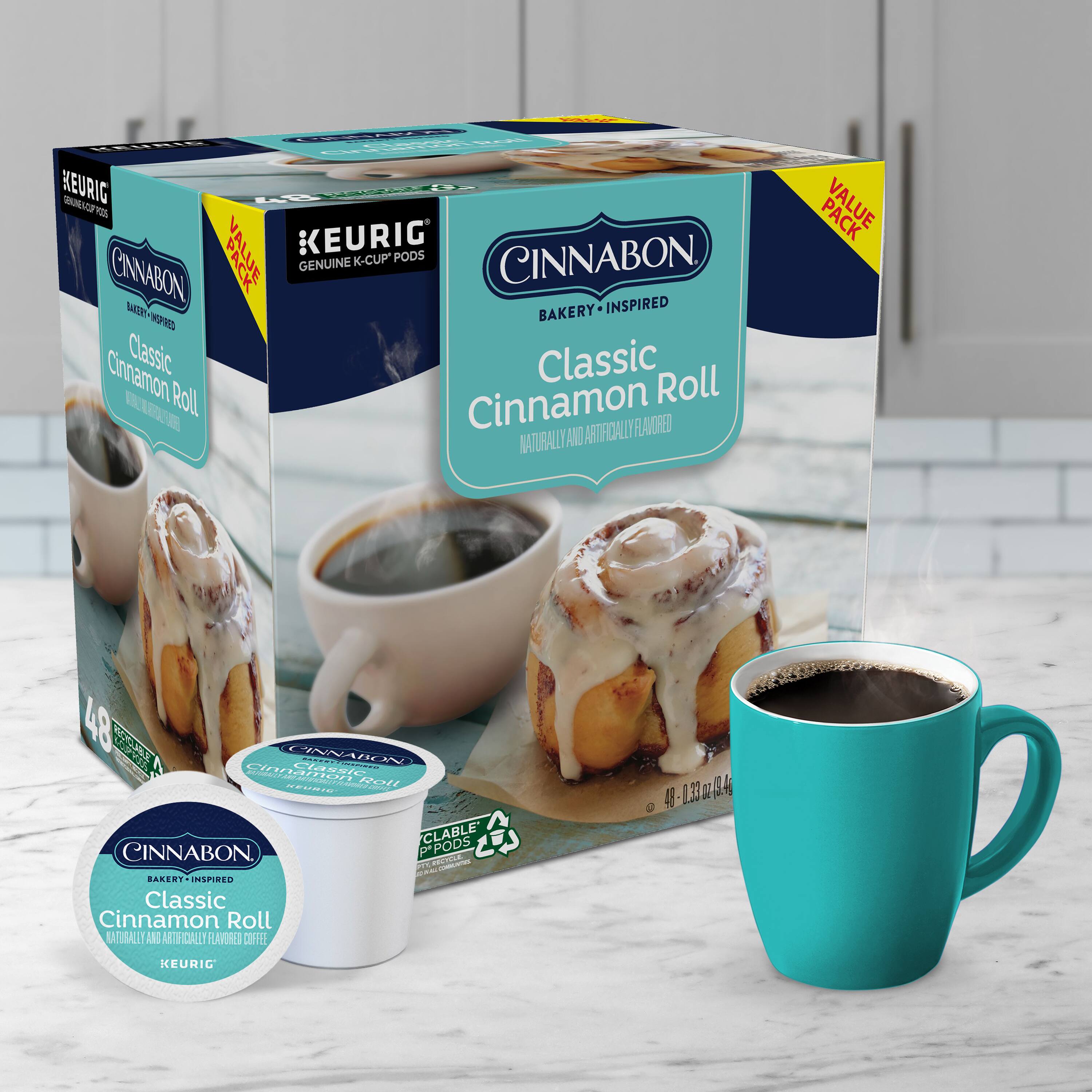 KEURIG K-CUP PODS CINNABON, GENUINE CINNABON INSPIRED BAKERY CO. Classic Cinnamon Roll, NATURALLY AND ARTIFICIALLY FLAVORED. 48 VALUE PACK. CLASSIC ROLL. PODS MOGA BAKERY INSPIRED Classic Cinnamon Roll NATURALLY AND ARTIFICIALLY FLAVORED COFFEE 1.33 g.