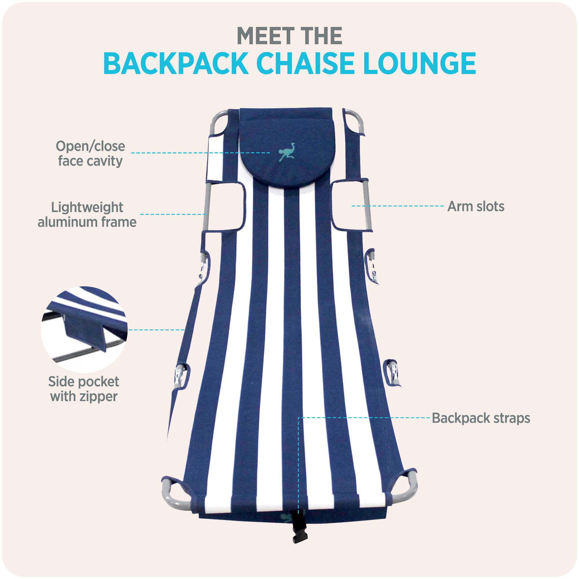 MEET THE BACKPACK CHAISE LOUNGE

- Open/close face cavity
- Lightweight aluminum frame
- Arm slots
- Side pocket with zipper
- Backpack straps
