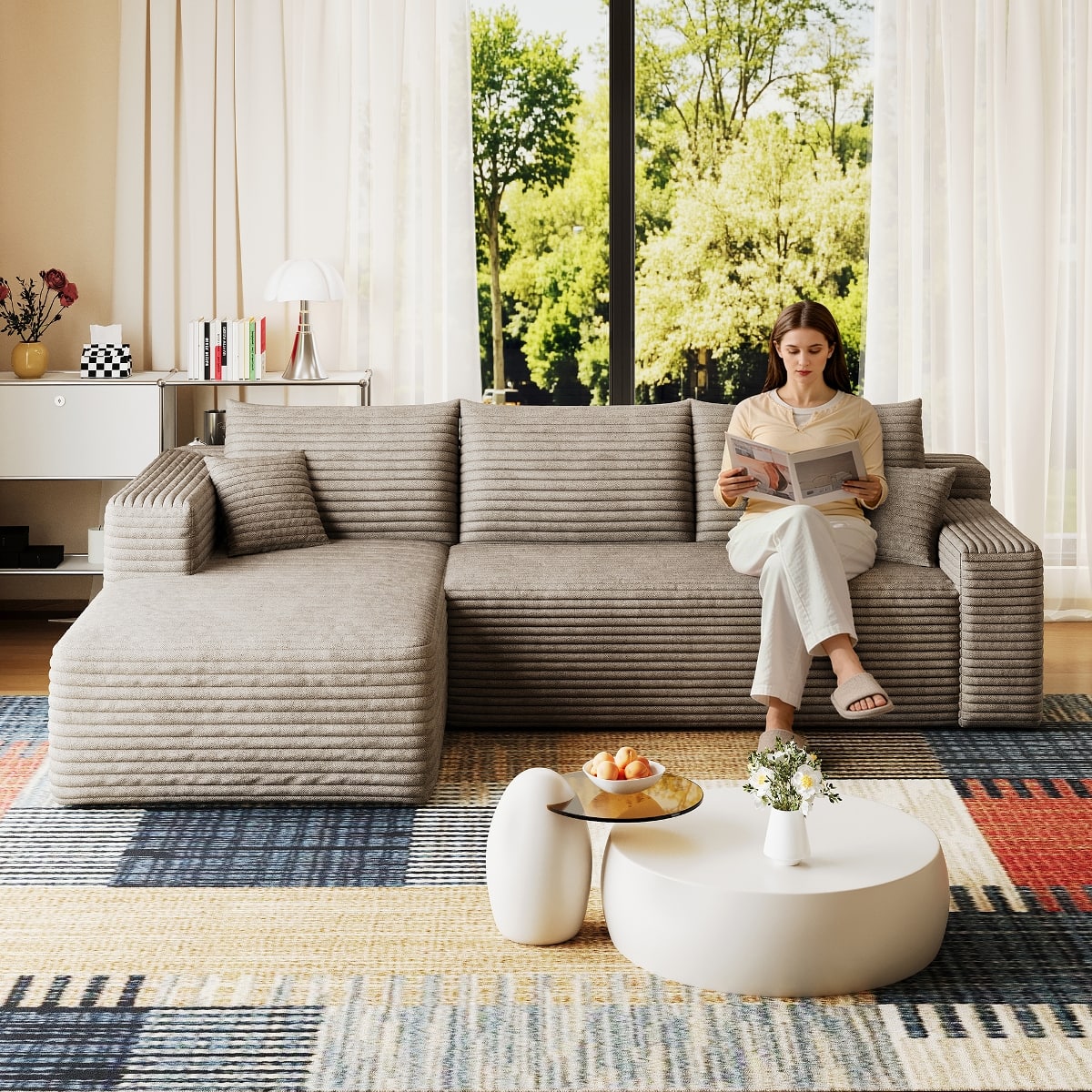 Ropilly - 95 Inch U Shaped Sectional Sofa, Plush Corduroy Sectional Sofa with Deep Seat Corner Couch, Camel - Camel