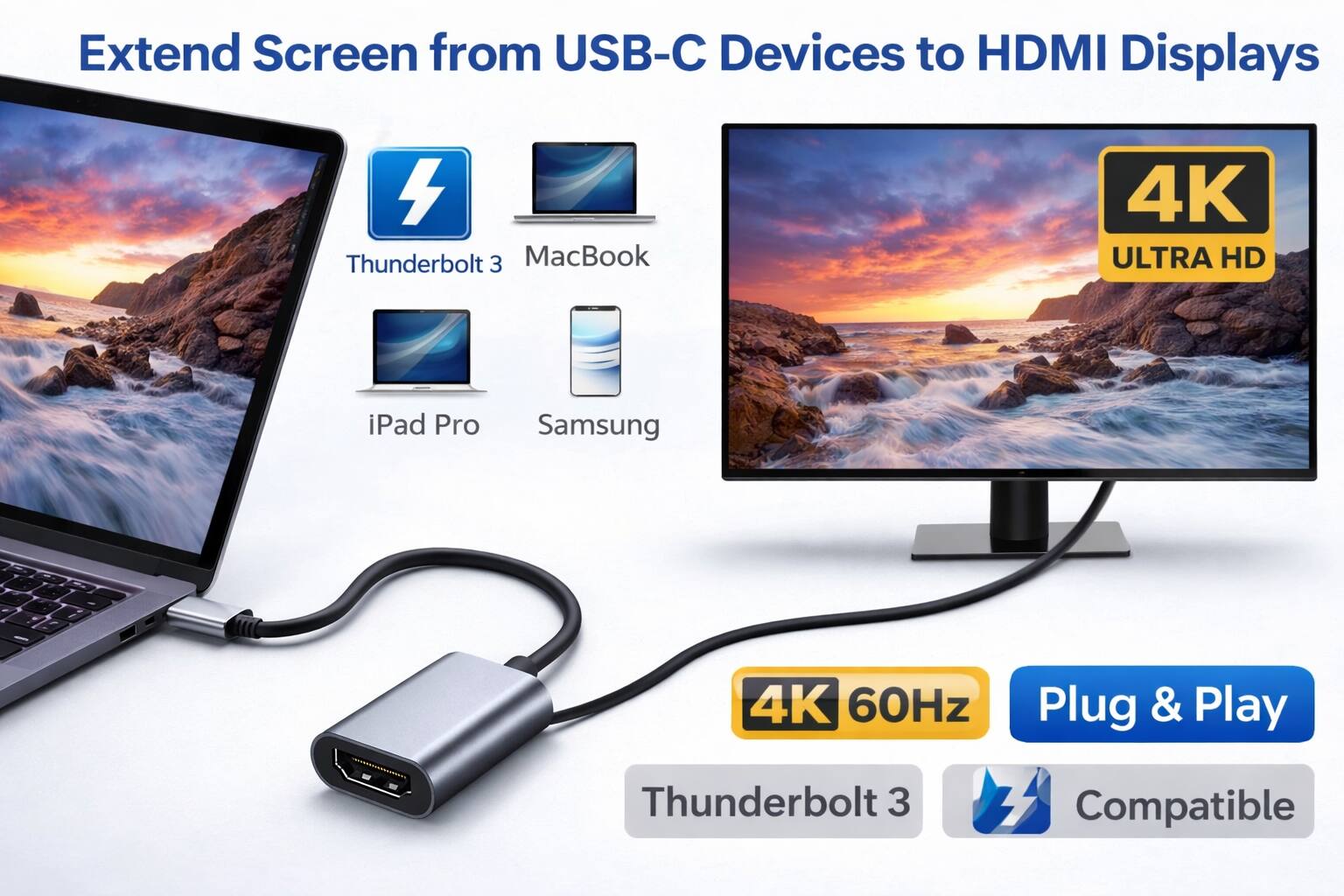 Extend Screen from USB-C Devices to HDMI Displays

Thunderbolt 3 MacBook 4K ULTRA HD iPad Pro Samsung - 4K 60Hz Plug & Play Thunderbolt 3 Compatible