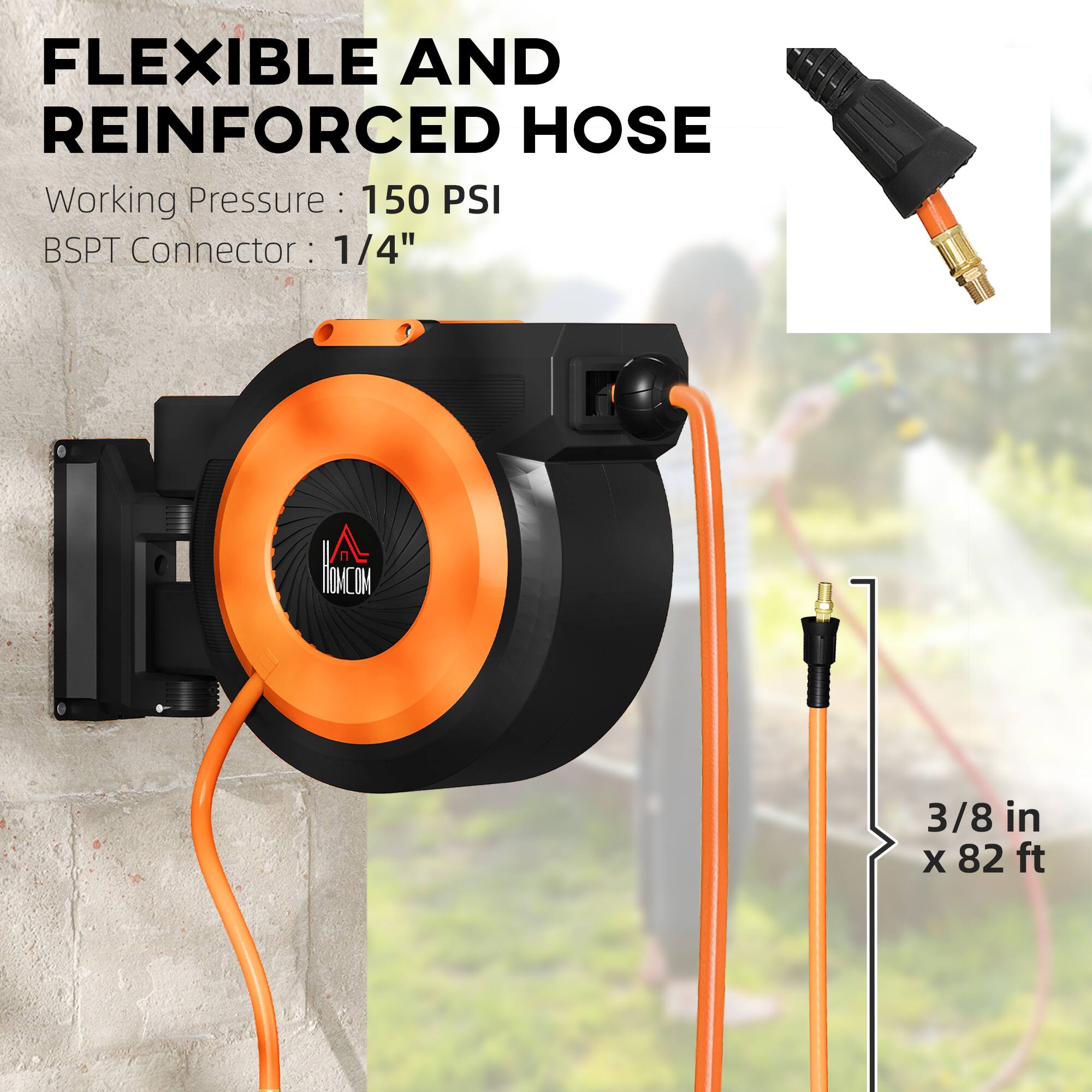 FLEXIBLE AND REINFORCED HOSE

Working Pressure: 150 PSI

BSPT Connector: 1/4"

3/8 in x 82 ft