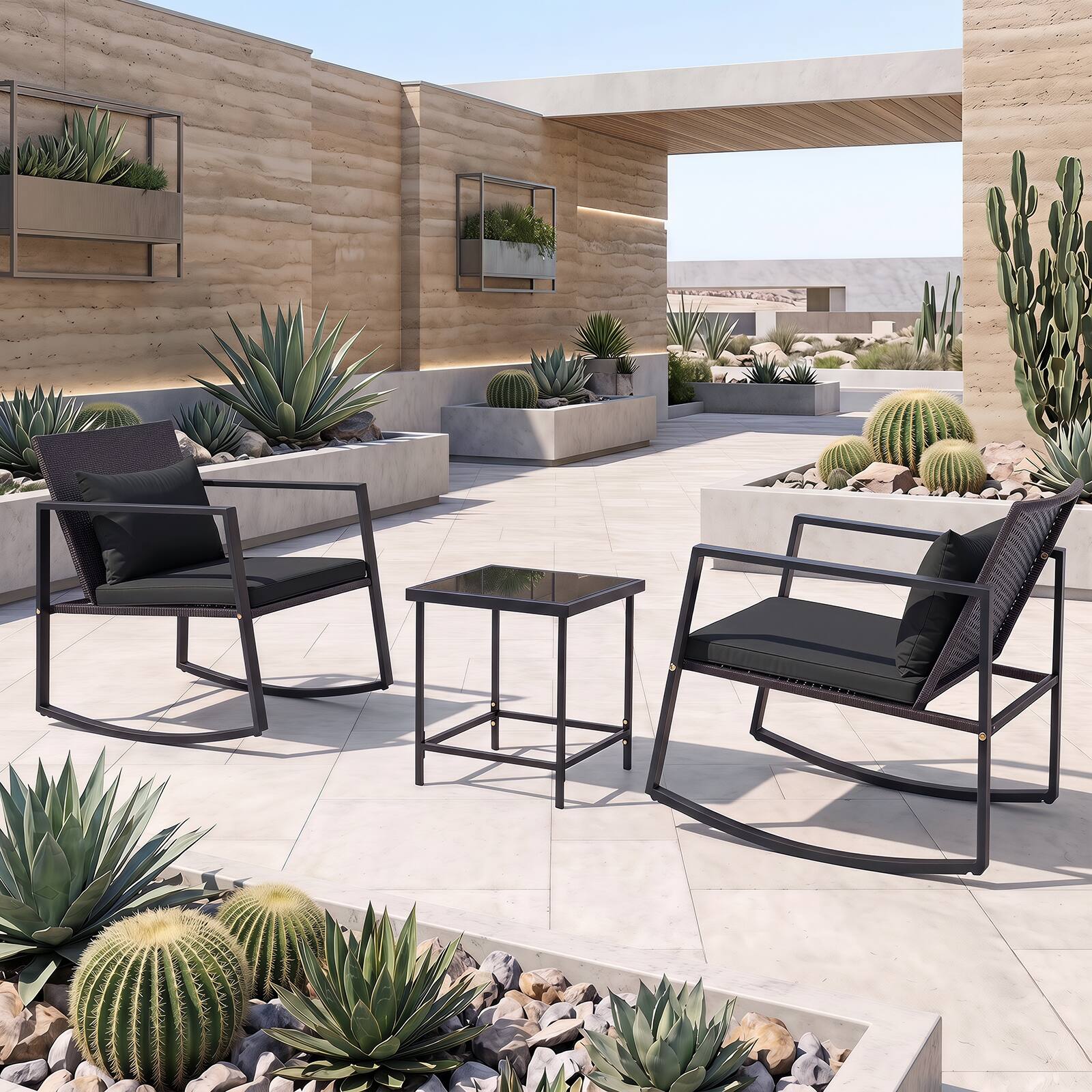 Alt View 3. Costway - Costway 3-Piece Outdoor Rattan Rocking Chair Set with Cushions and Tempered Glass Table, Metal Frame - Black,Beige.