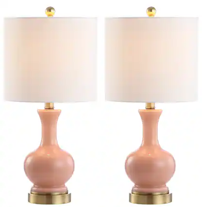 Front. Jonathan Y - Cox 22" Metal/Glass LED Table Lamp, Light Coral (Set of 2) - Light Coral/Brass Gold.