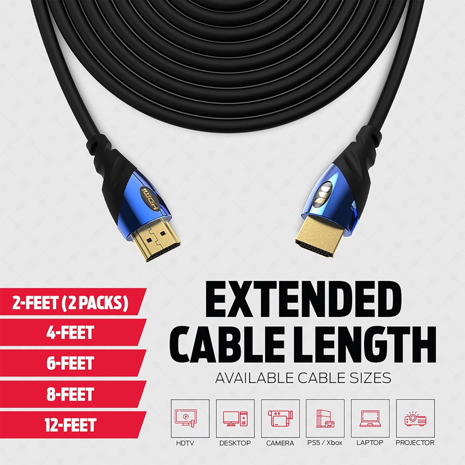 The text on the image reads: "2-FEET (2PACKS) EXTENDED 4-FEET 6-FEET CABLE LENGTH AVAILABLE CABLE SIZES 8-FEET 12-FEET HDTV de DESKTOP CAMERA PS5/Xbox LAPTOP PROJECTOR."