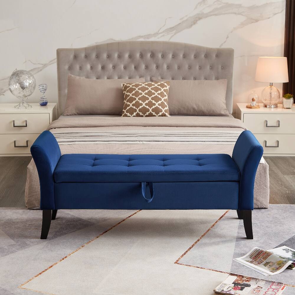 Left. Ropilly - Ropilly Tufted Velvet Storage Bench Navy Blue End of Bed Ottoman - Navy Blue.