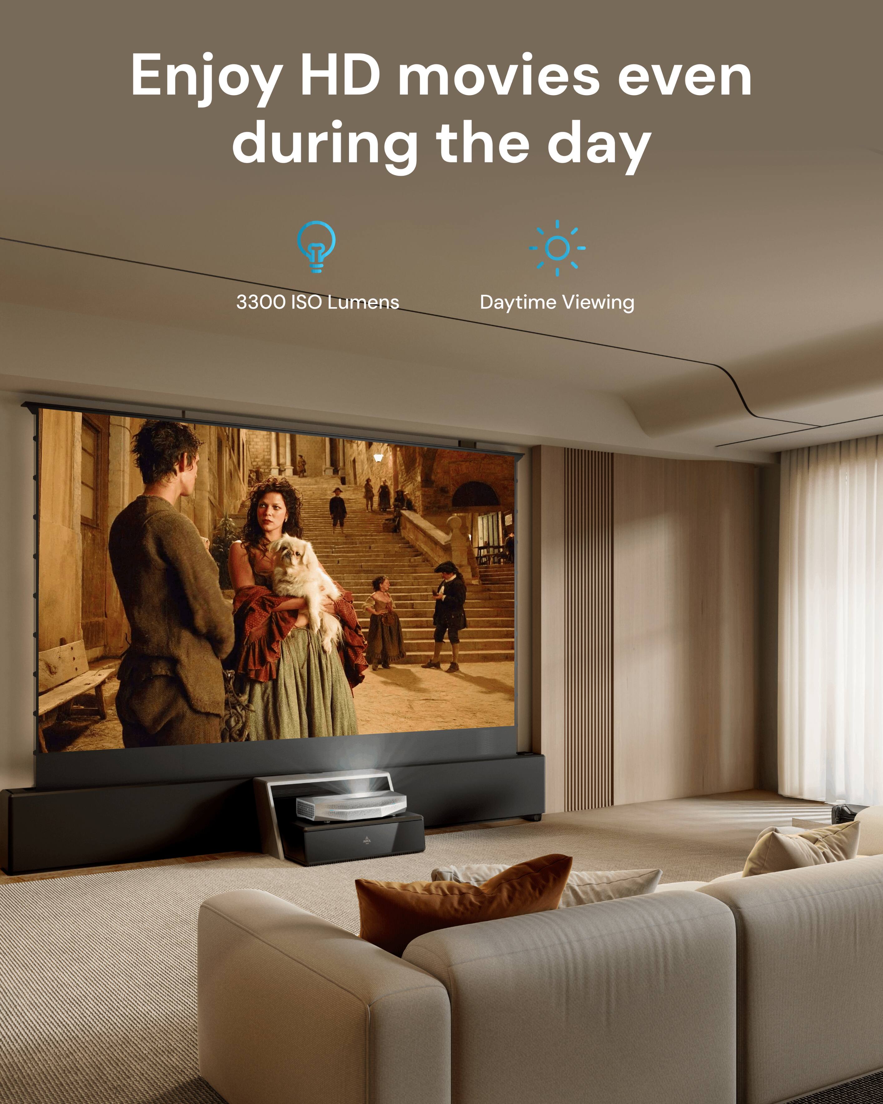 Enjoy HD movies even during the day

3300 ISO Lumens

Daytime Viewing