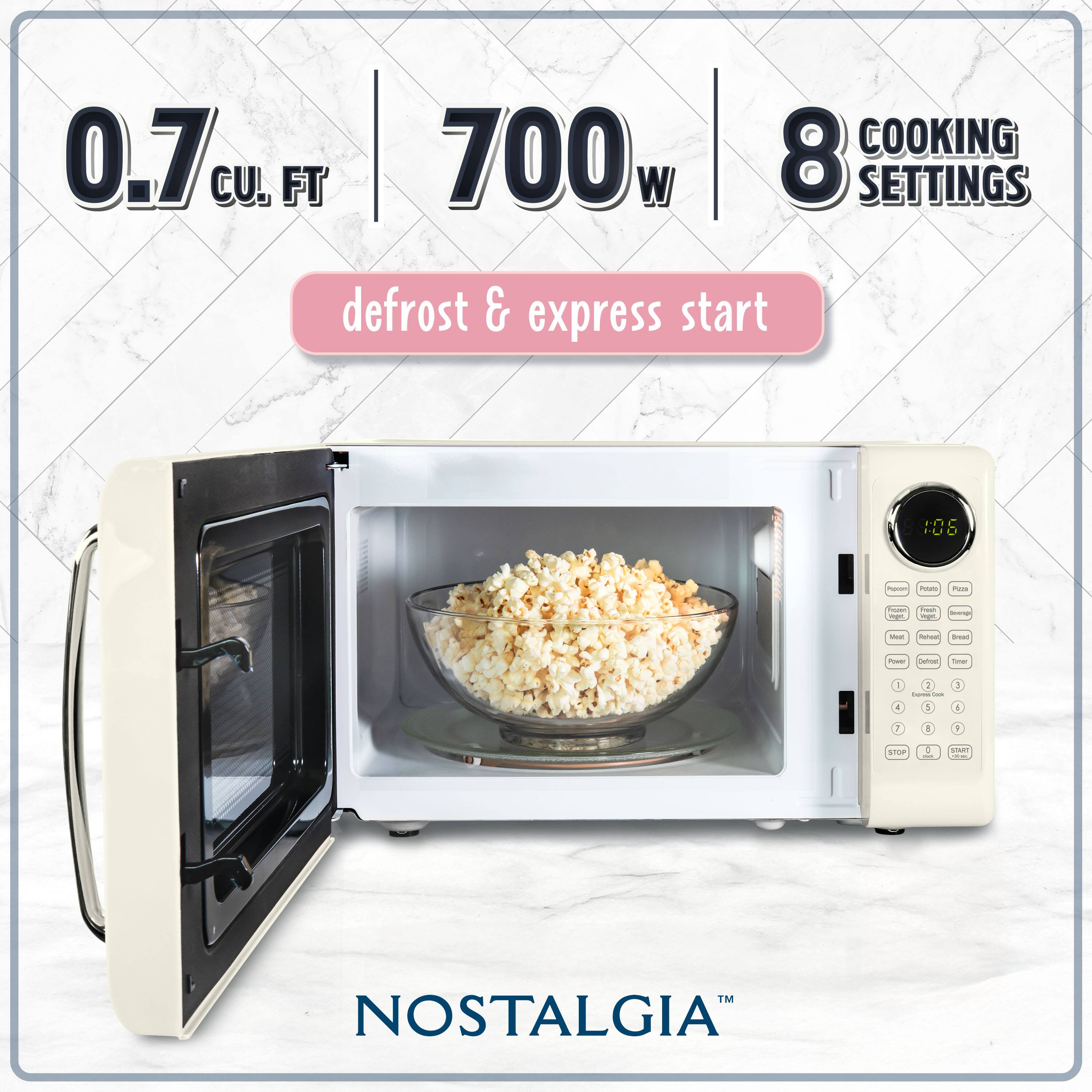 0.7 cu. ft. | 700w | 8 cooking settings  
defrost & express start  
NOSTALGIA™
