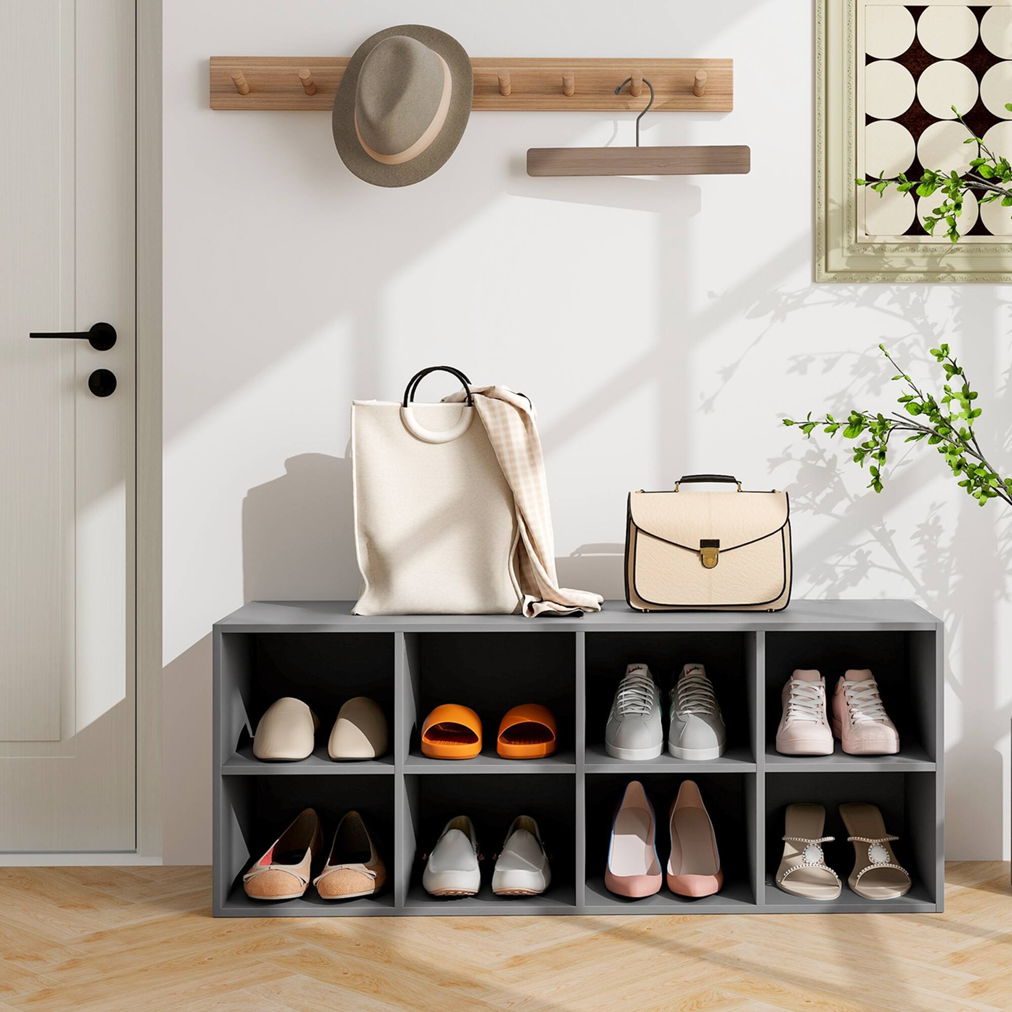 Alt View 11. Costway - 8 Cubbies Shoe Bench with 500 LBS Weight Capacity Cubby Shoe Rack Storage Cabinet Grey - Grey.