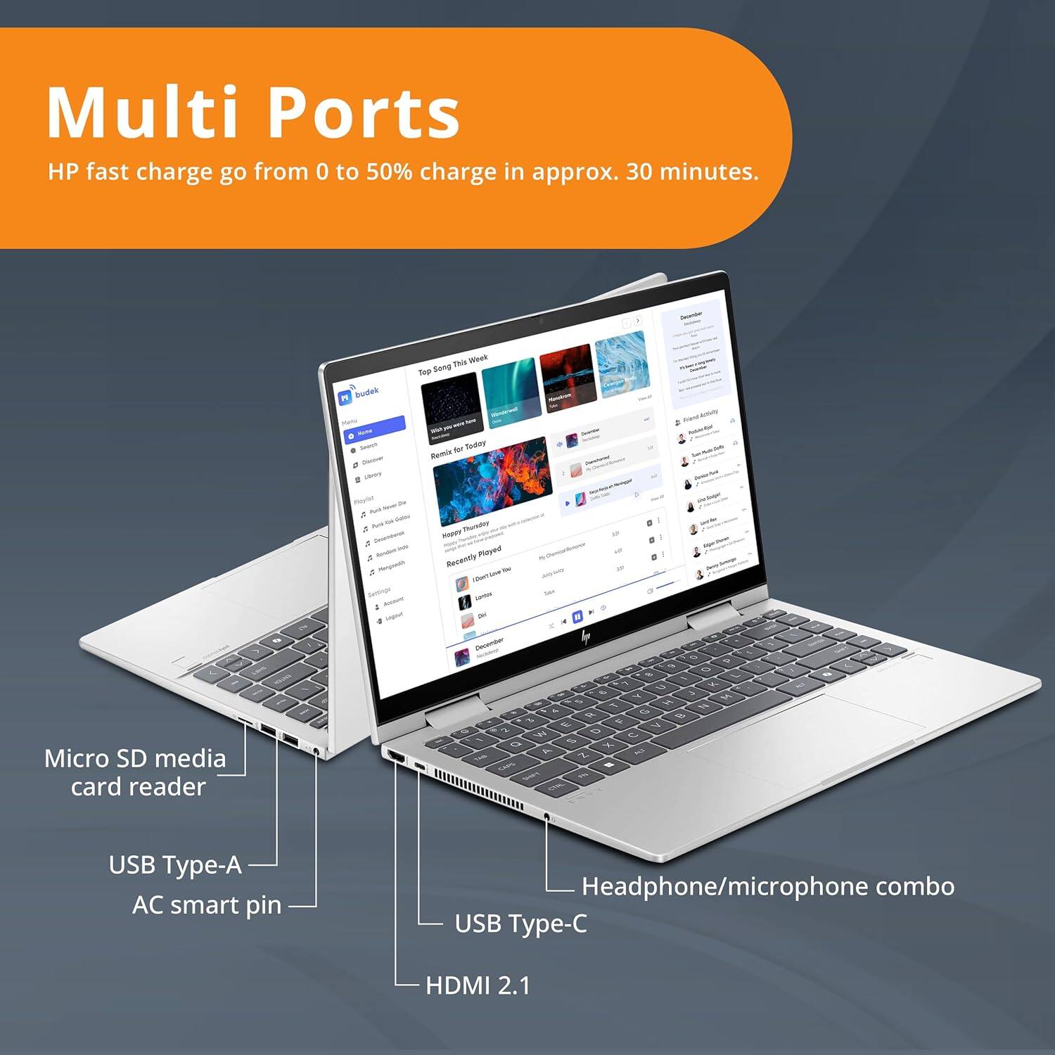 Multi Ports  
HP fast charge go from 0 to 50% charge in approx. 30 minutes.

- Micro SD media card reader
- USB Type-A
- AC smart pin
- USB Type-C
- Headphone/microphone combo
- HDMI 2.1