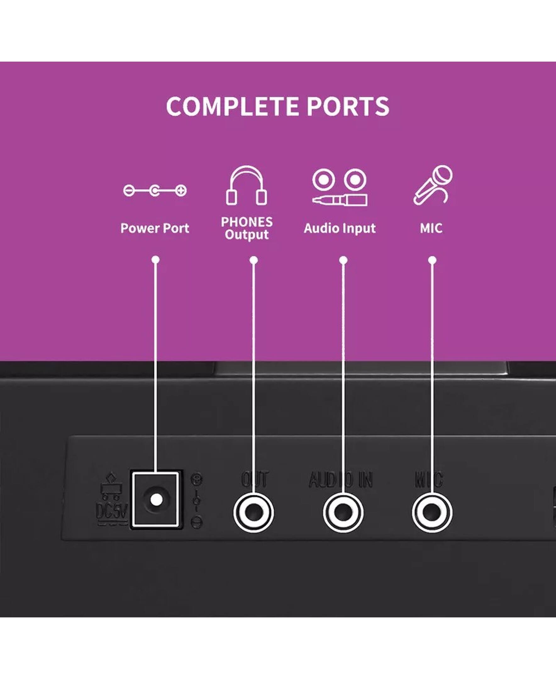COMPLETE PORTS

- Power Port
- PHONES Output
- Audio Input
- MIC

DC5V

AUD IN

MIC
