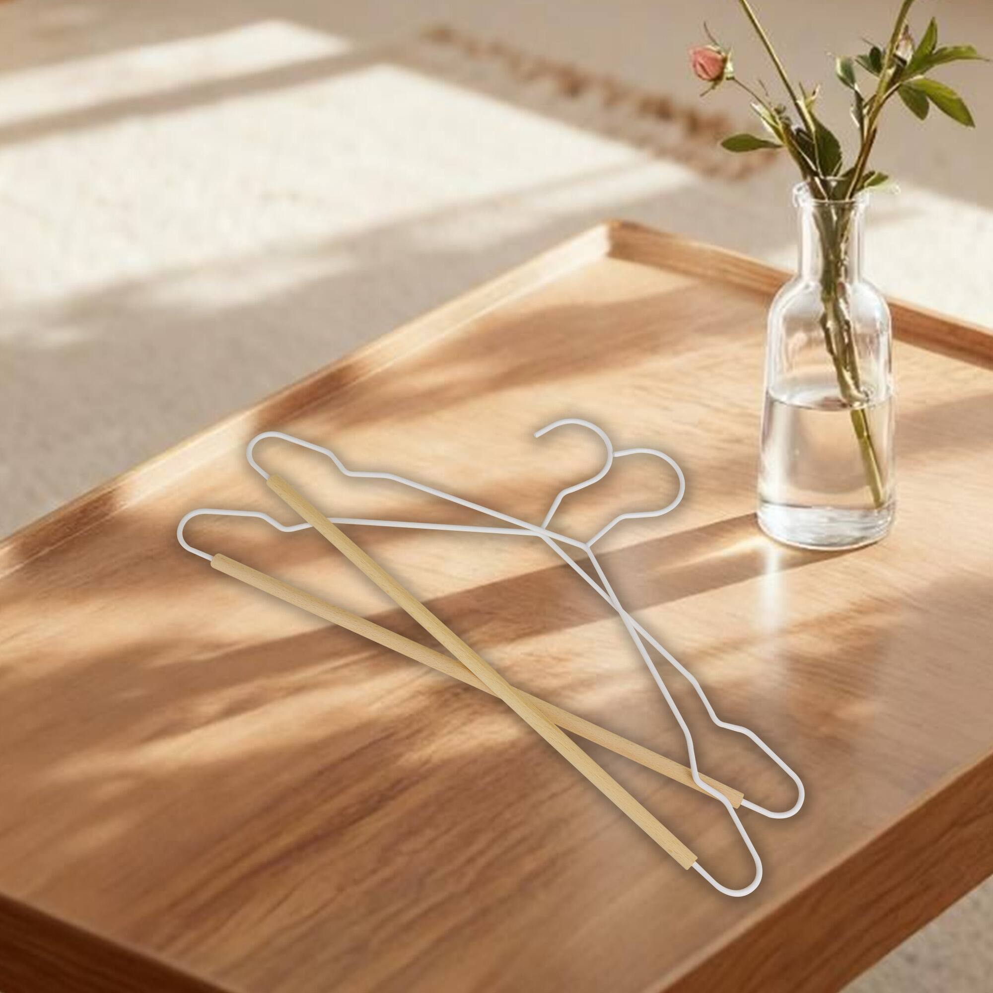 Alt View 2. BP4U - 24-Pack Metal Clothes Hangers with Wooden Pants Bar, Wire Sweaters, Jackets Hangers with Beech Wood Trouser Bar(White) - White/Natural.