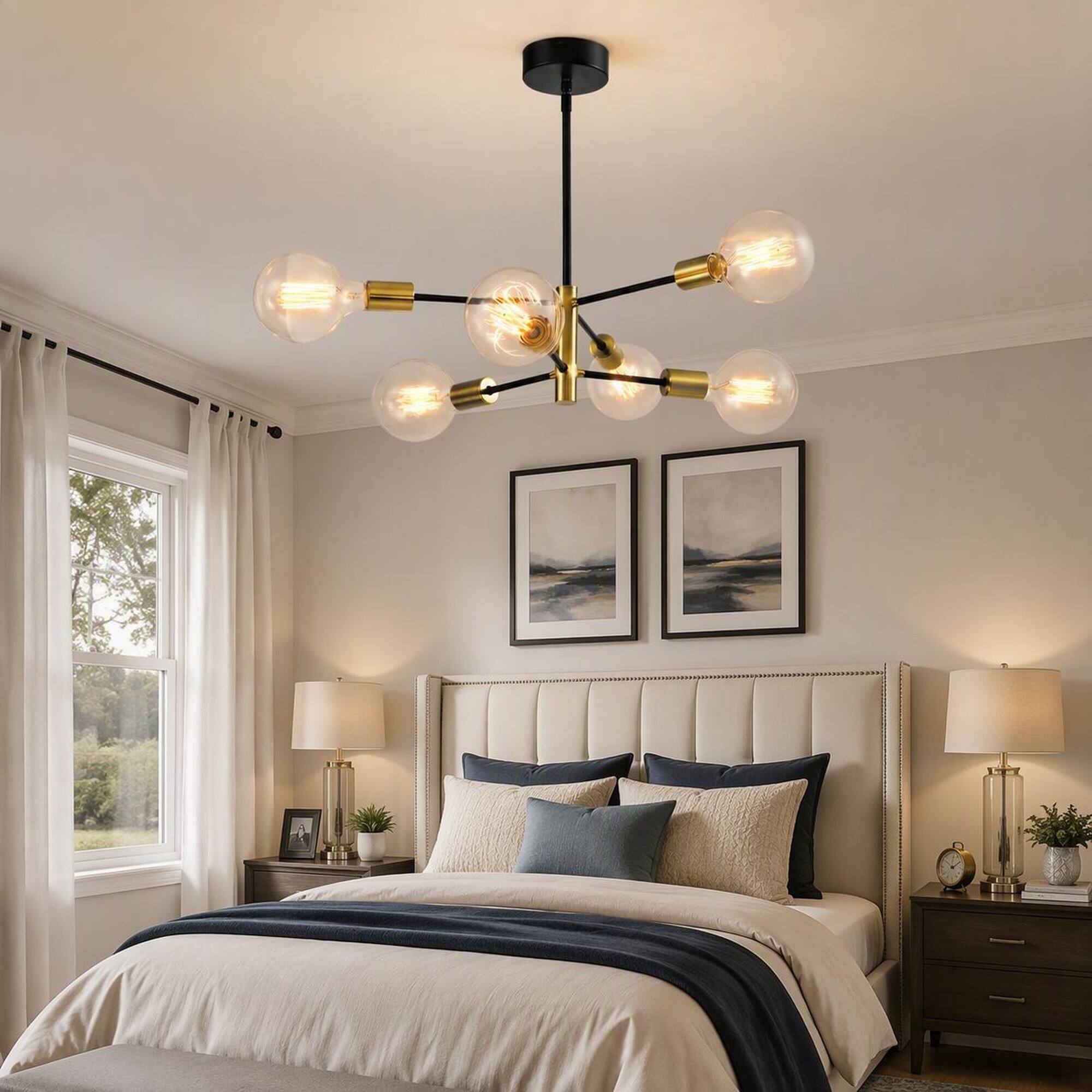 Alt View 1. RYHNUYNE - 6-Light Modern Sputnik Chandelier, Black Brass Finish Industrial Pendant Fixture Adjustable Height - Black+Gold.