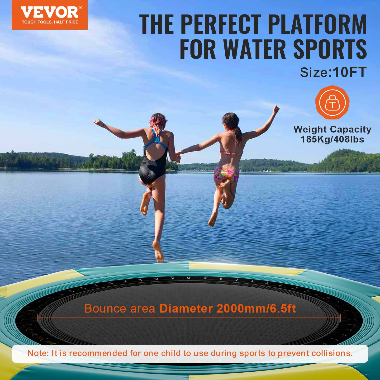 VEVOR TOUGH TOOLS, HALF PRICE. THE PERFECT PLATFORM FOR WATER SPORTS. Size: 10FT. Weight Capacity: 185Kg/408lbs. Bounce area Diameter: 2000mm/6.5ft. Note: It is recommended for one child to use during sports to prevent collisions.